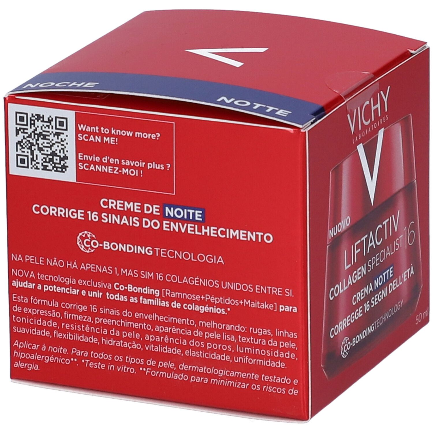 Verpackung. Text: Creme de Noche. Corregge 16 signos do envelhecimento. 16 Kollagentypen.