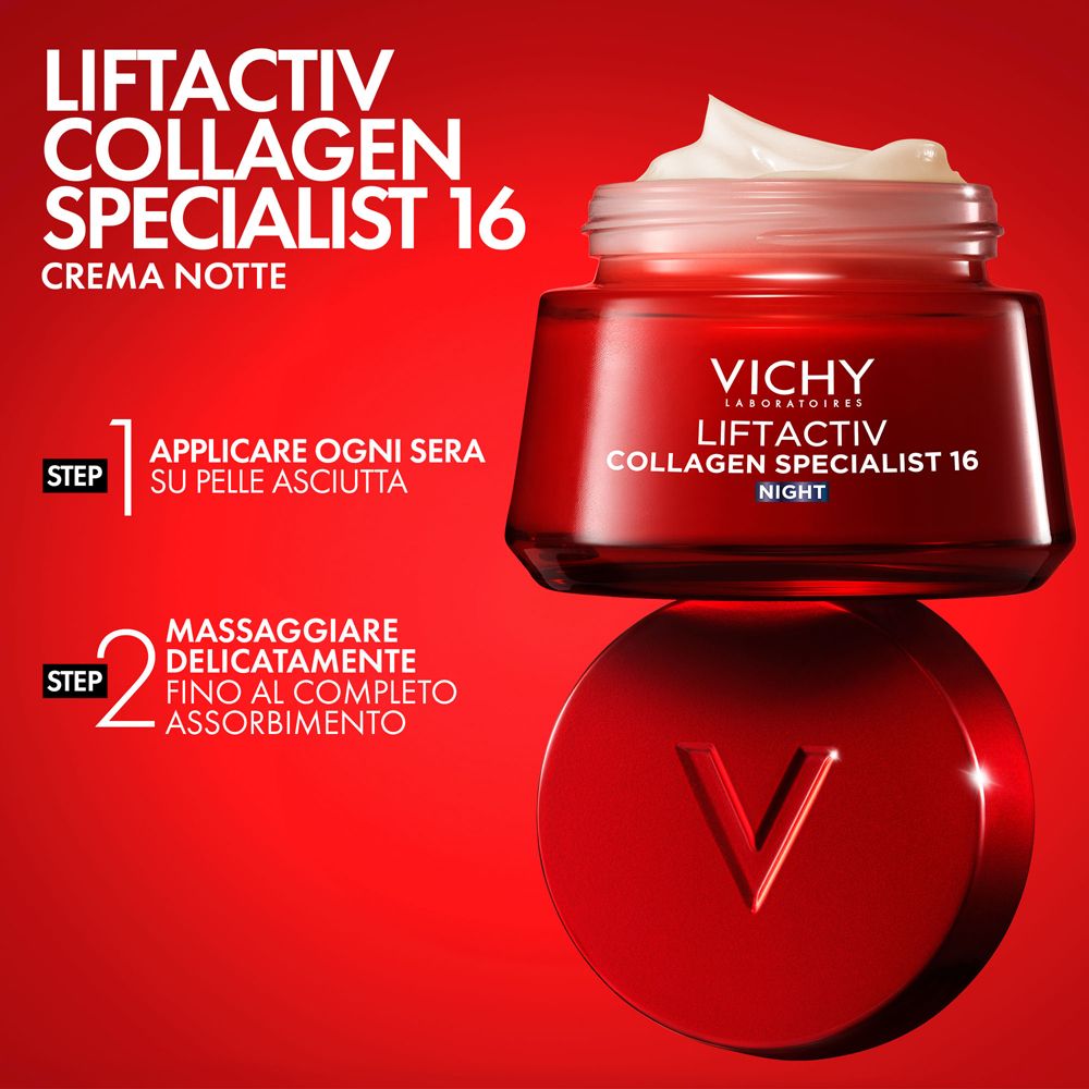 Rote Dose mit Creme. Text: VICHY Liftactiv Collagen Specialist 16 Crema Notte. Schritt 1: Auftragen. Schritt 2: Massieren.