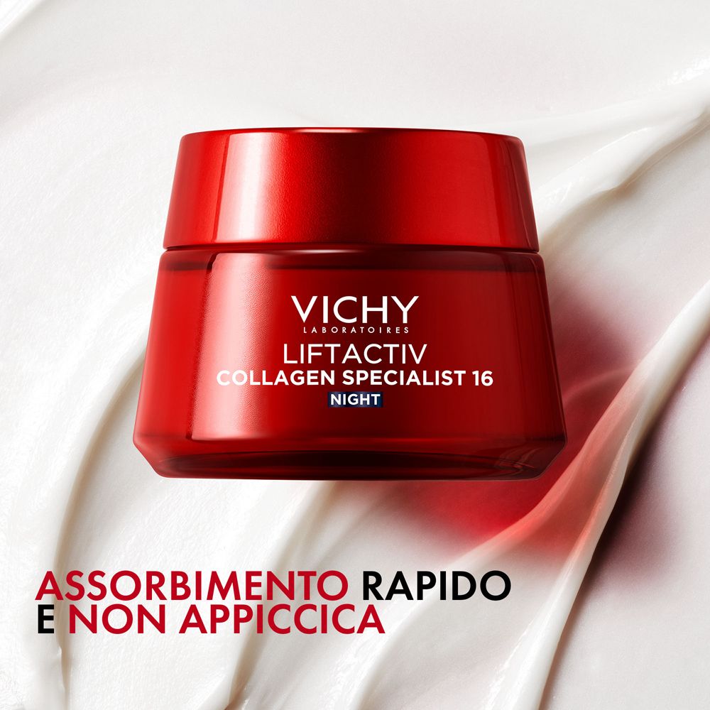 Rote Creme-Dose. Text: VICHY Liftactiv Collagen Specialist 16 Night. Schnelle Absorption und nicht klebrig.