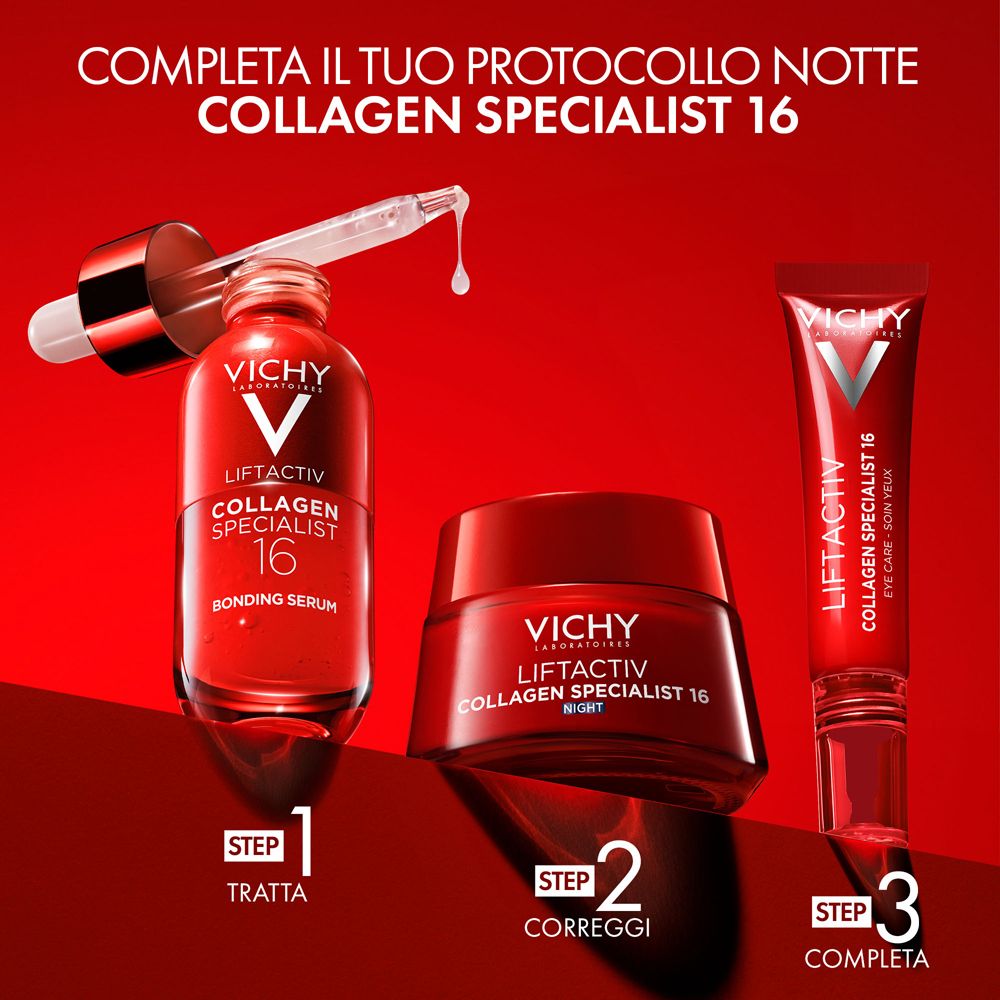 Drei Produkte: Serum, Creme, Augenpflege. Text: Collagen Specialist 16. Nacht-Routine.