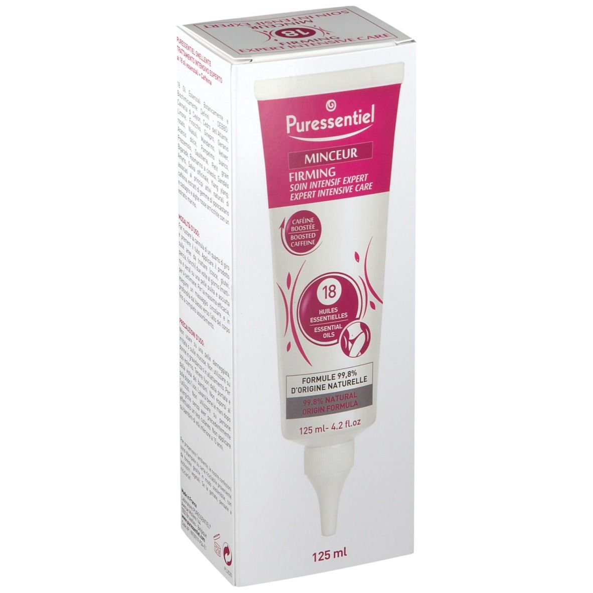 Scatola bianca con tubo. Testo: 'MINCEUR', 'SOIN INTENSIF EXPERT', '18 HUILES ESSENTIELLES'.