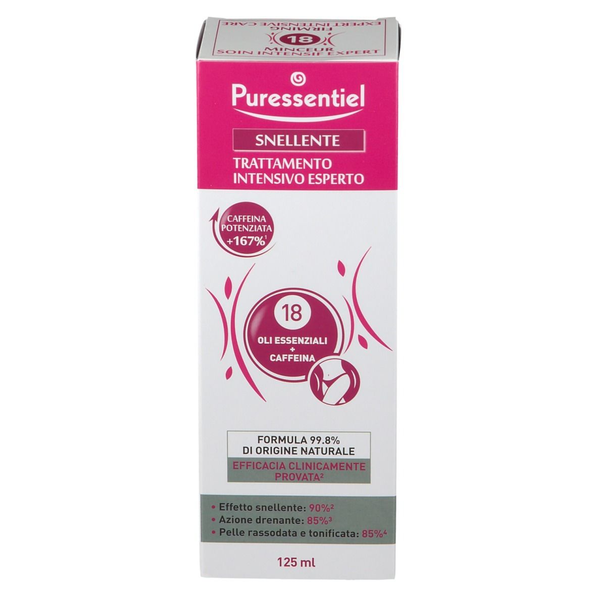 Scatola bianca e rosa. Testo: 'SNELLENTE', 'TRATTAMENTO INTENSIVO ESPERTO', '18 OLI ESSENZIALI CAFFEINA'.