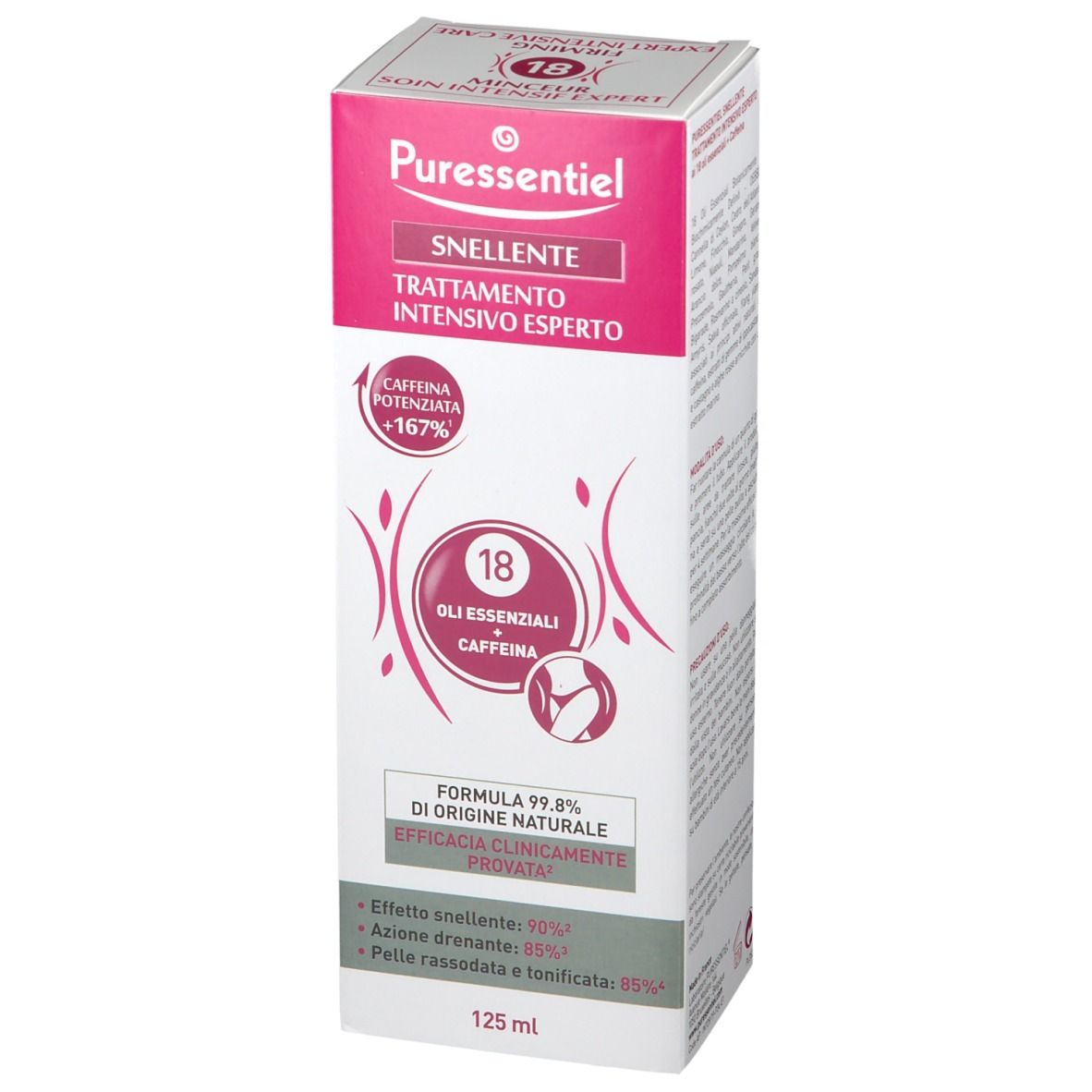 Scatola bianca e rosa. Testo: 'SNELLENTE', 'TRATTAMENTO INTENSIVO ESPERTO', '18 OLI ESSENZIALI CAFFEINA'.