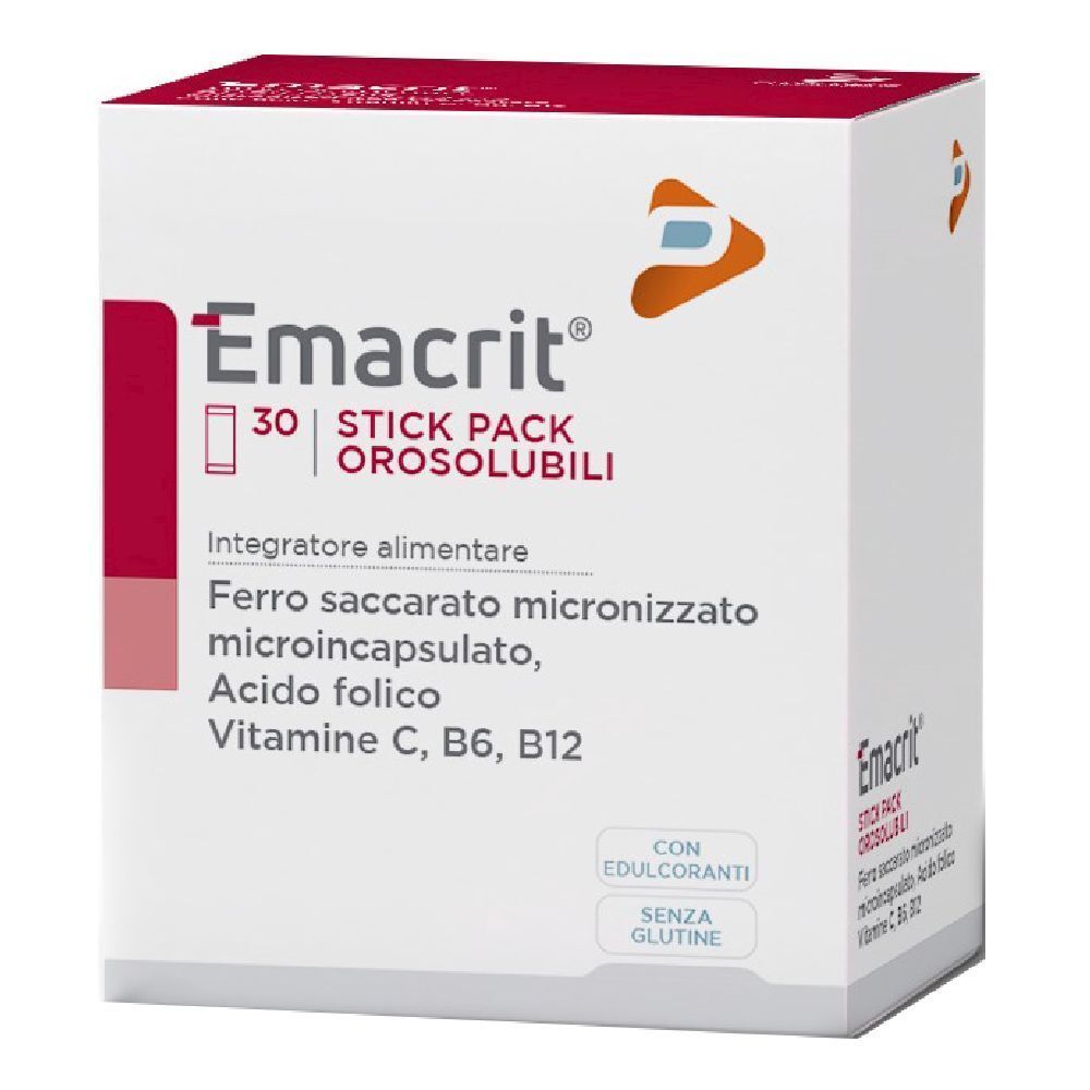 Scatola bianca con accenti rossi. Scritto: Emacrit, 30 Stick Pack Orosolubili. Contiene ferro, acido folico, vitamine.