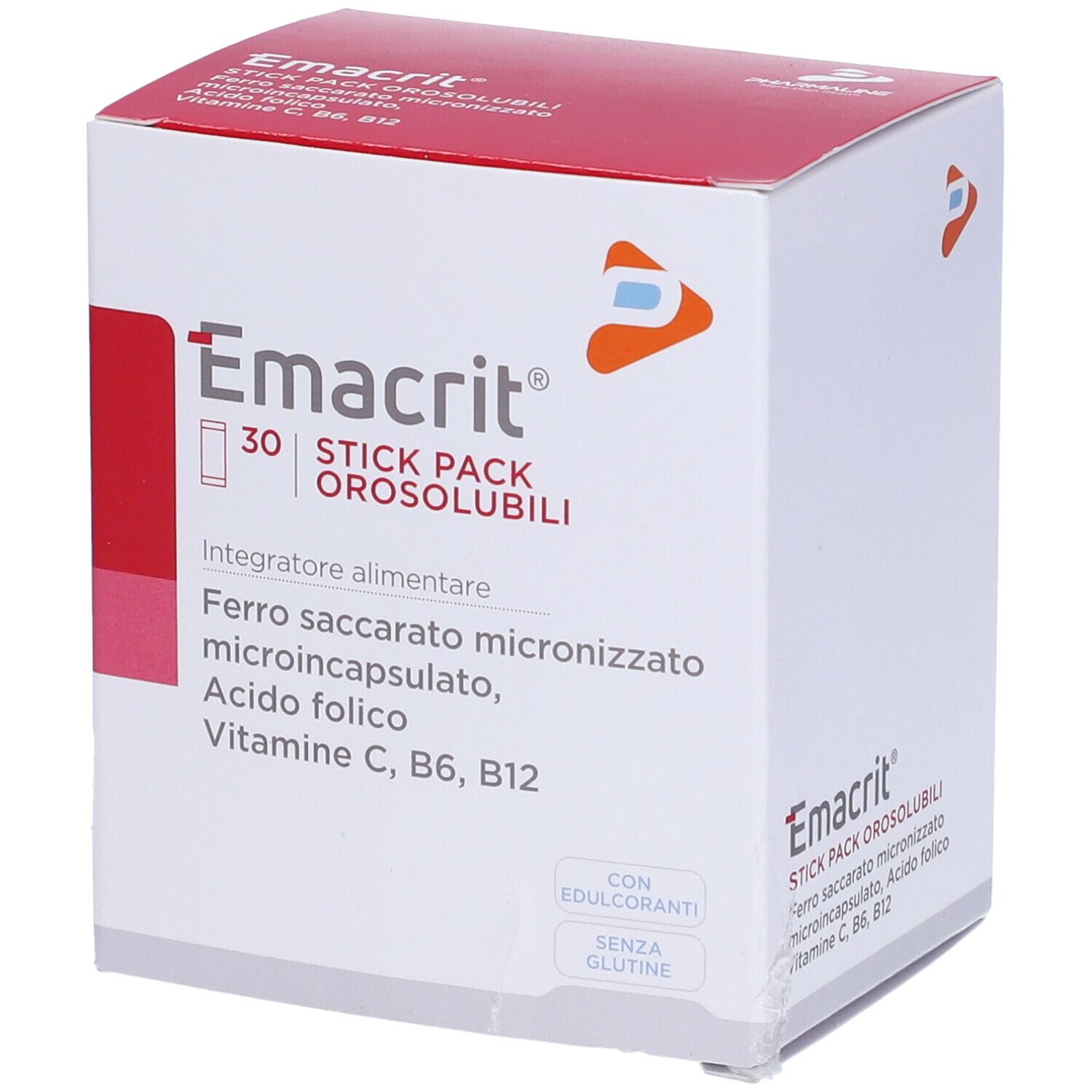 Scatola bianca con parte superiore rossa. Scritto: Emacrit, 30 Stick Pack Orosolubili. Contiene ferro, acido folico, vitamine.