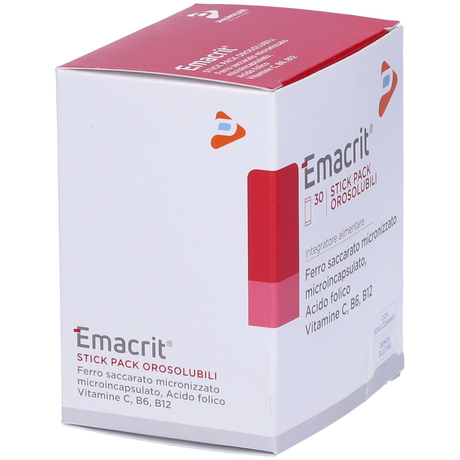 Scatola bianca con accento rosso. Scritto: Emacrit, 30 Stick Pack Orosolubili. Contiene ferro, acido folico, vitamine.