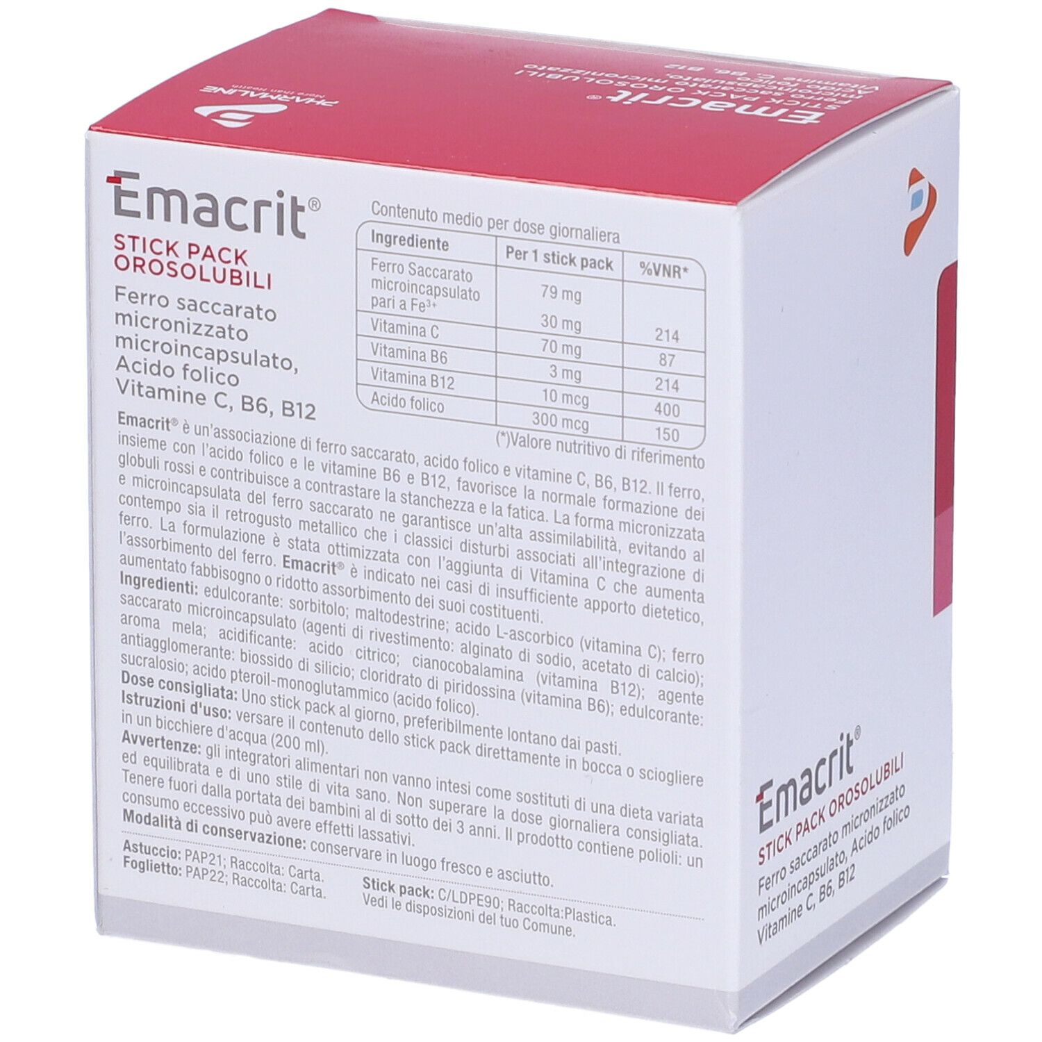 Scatola bianca con parte superiore rossa e testo. Scritto: Emacrit, 30 Stick Pack Orosolubili. Contiene ferro, acido folico, vitamine.