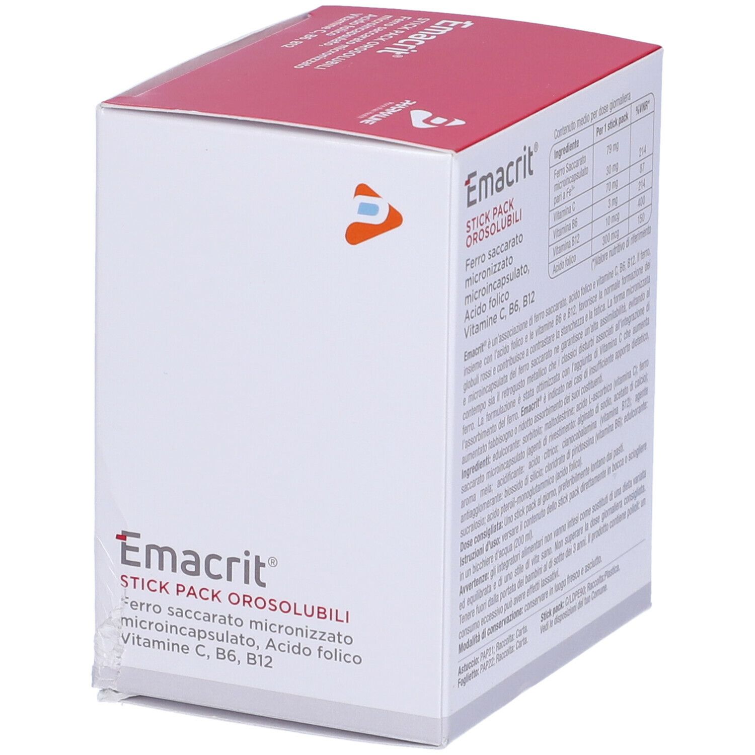 Scatola bianca con parte superiore rossa. Scritto: Emacrit, 30 Stick Pack Orosolubili. Contiene ferro, acido folico, vitamine. Retro con informazioni.