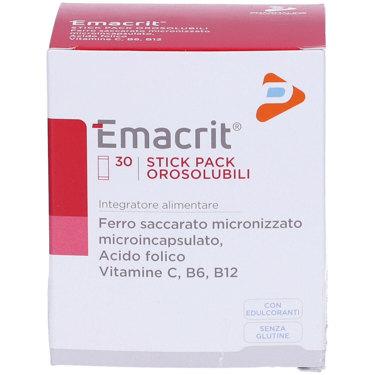 Scatola bianca con accento rosso. Scritto: Emacrit, 30 Stick Pack Orosolubili. Contiene ferro, acido folico, vitamine.