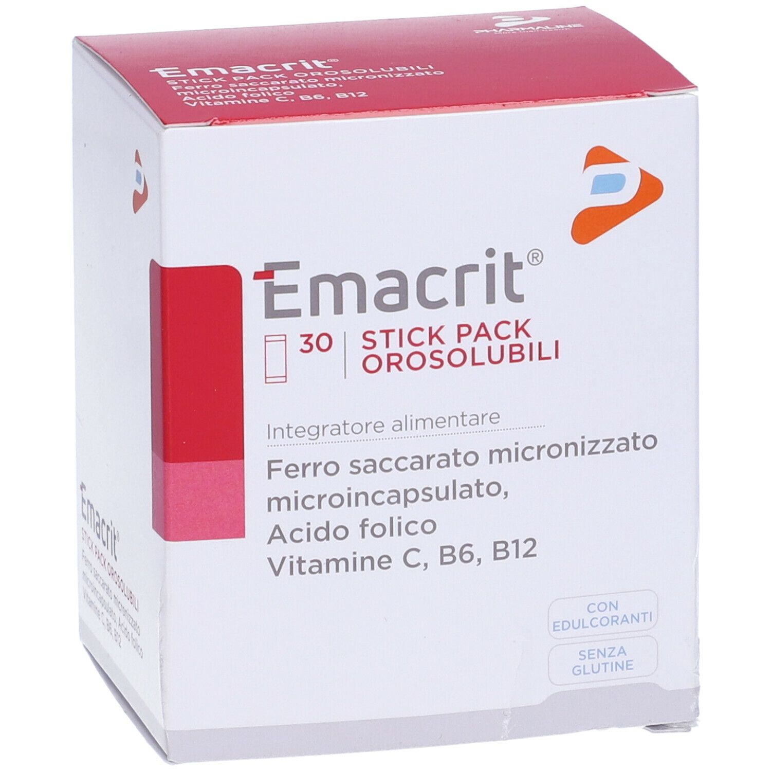 Scatola bianca con accento rosso. Scritto: Emacrit, 30 Stick Pack Orosolubili. Contiene ferro, acido folico, vitamine.