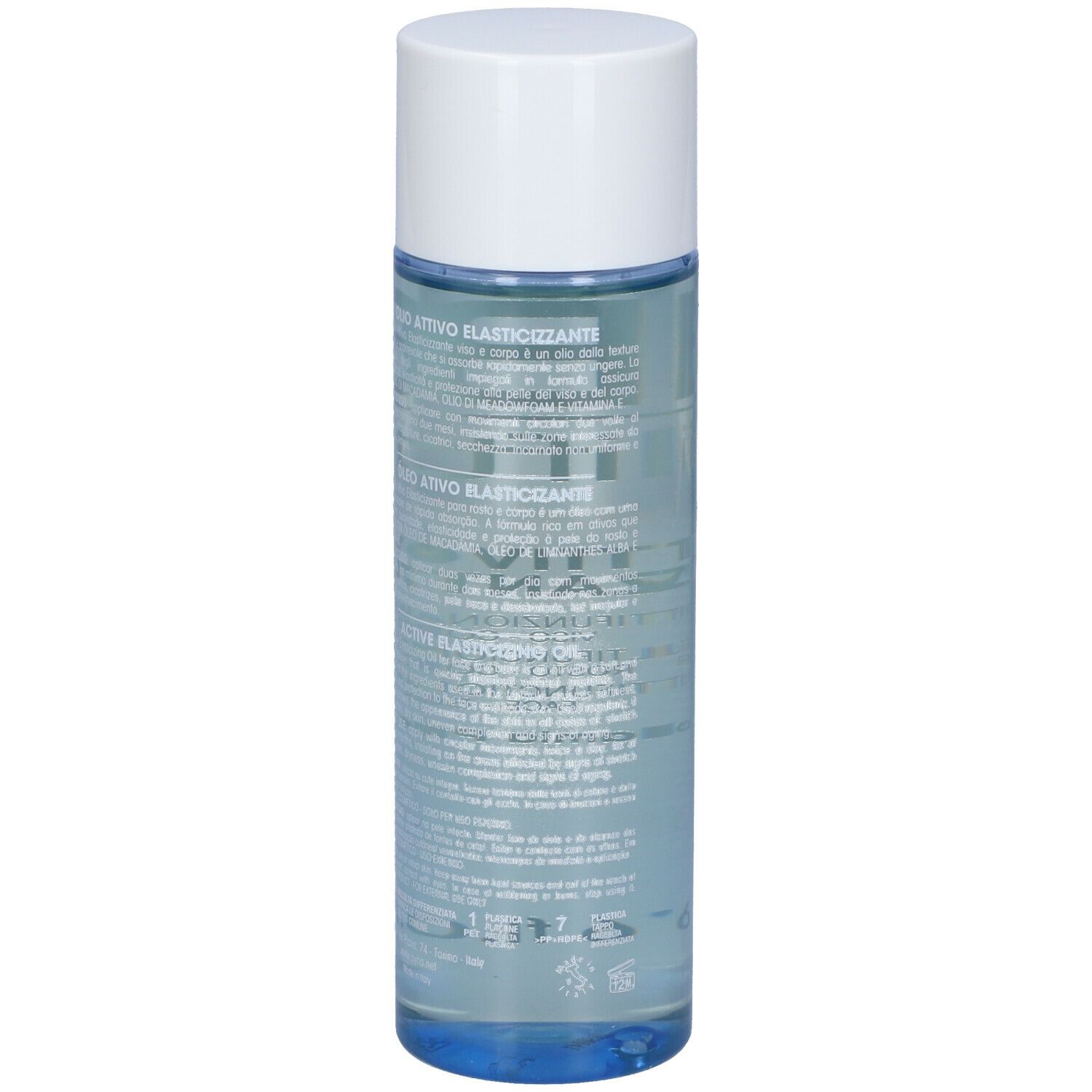 Flacone cilindrico blu e bianco. Testo in italiano.