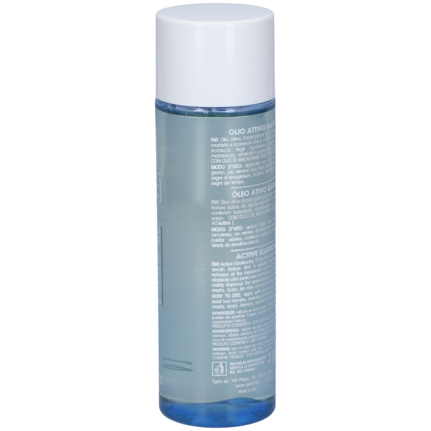 Flacone cilindrico blu e bianco. Testo in italiano.