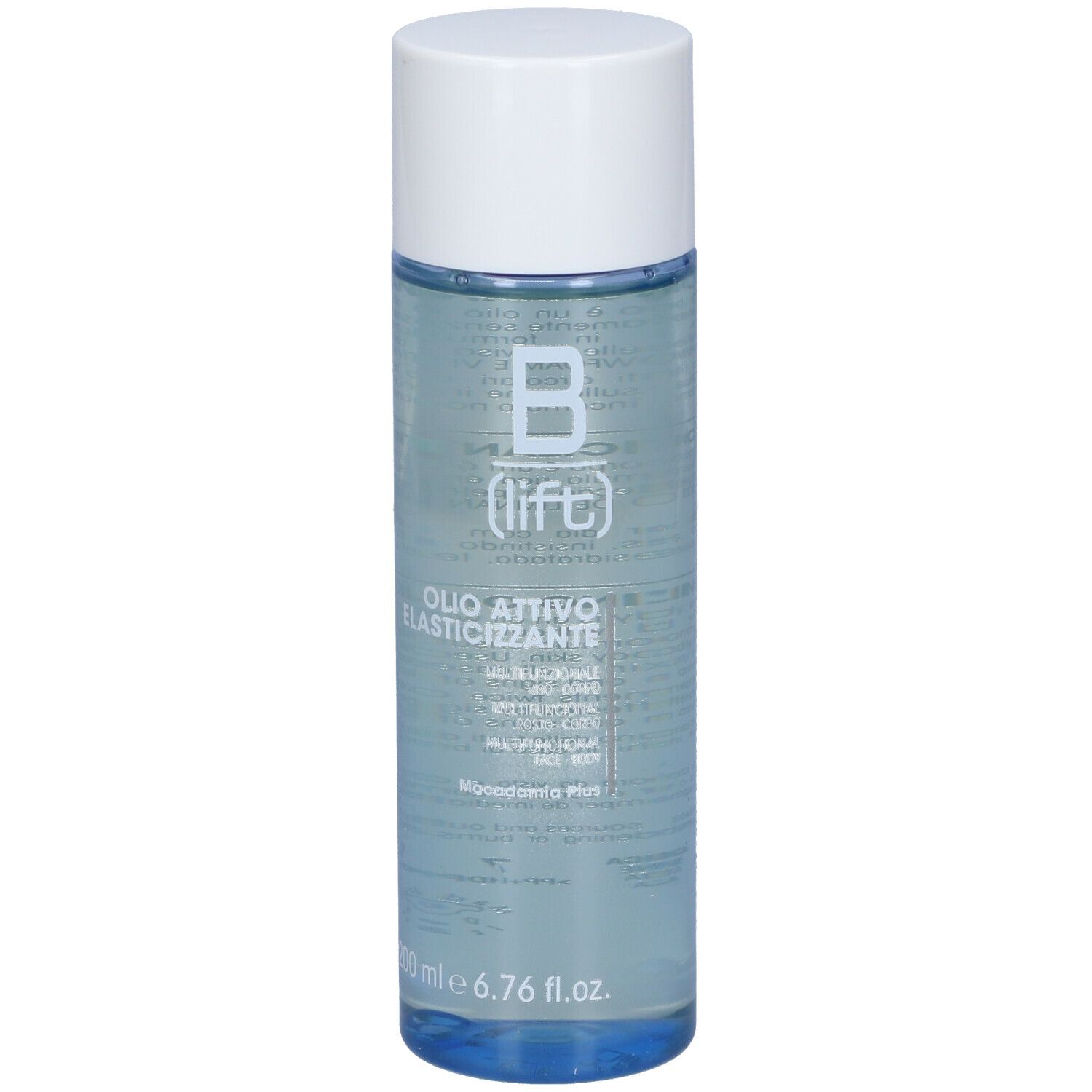 Flacone cilindrico blu e bianco. Scritta: B (Lift) Olio Attivo Elasticizzante.