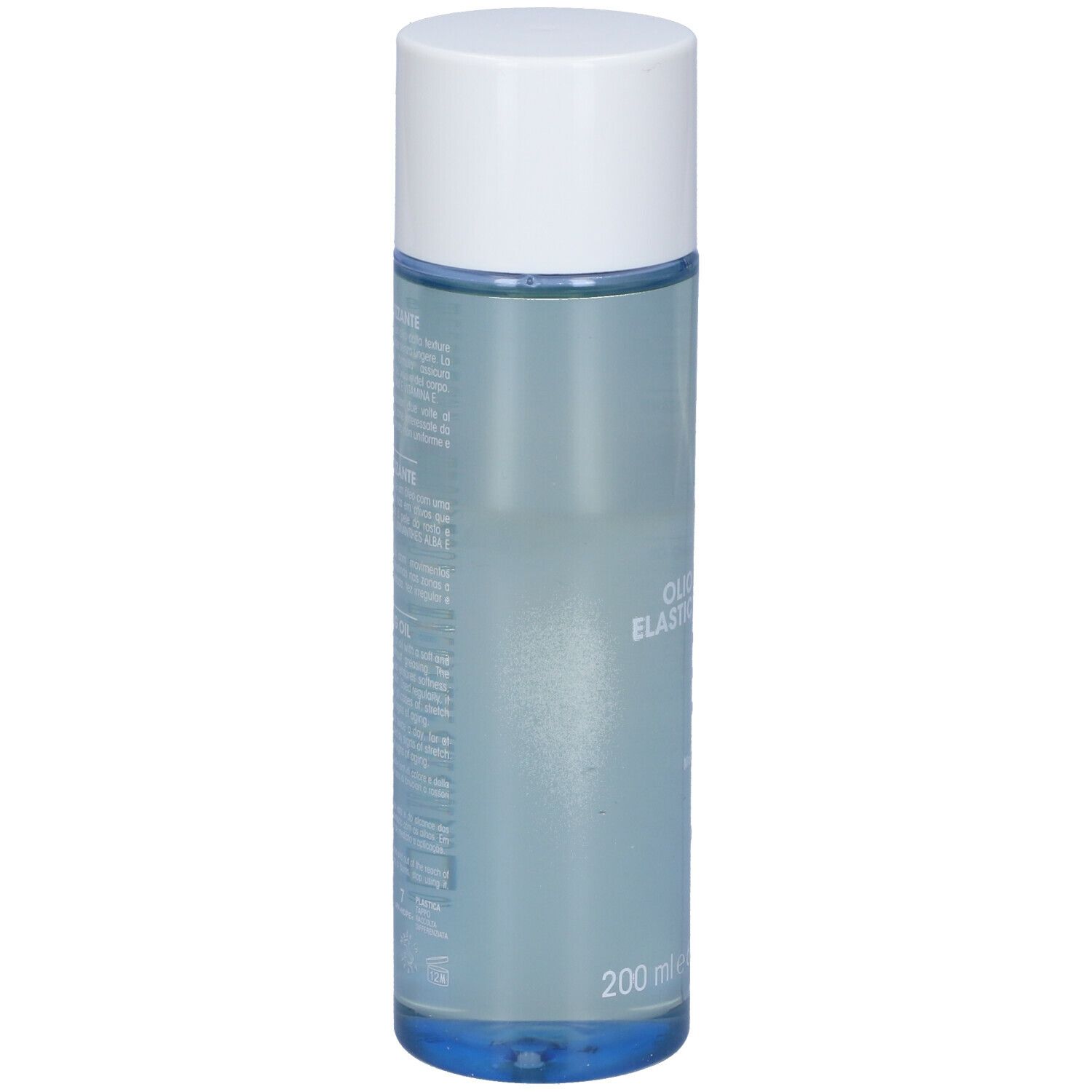 Flacone cilindrico blu e bianco. Scritta: Olio Elasticizzante.