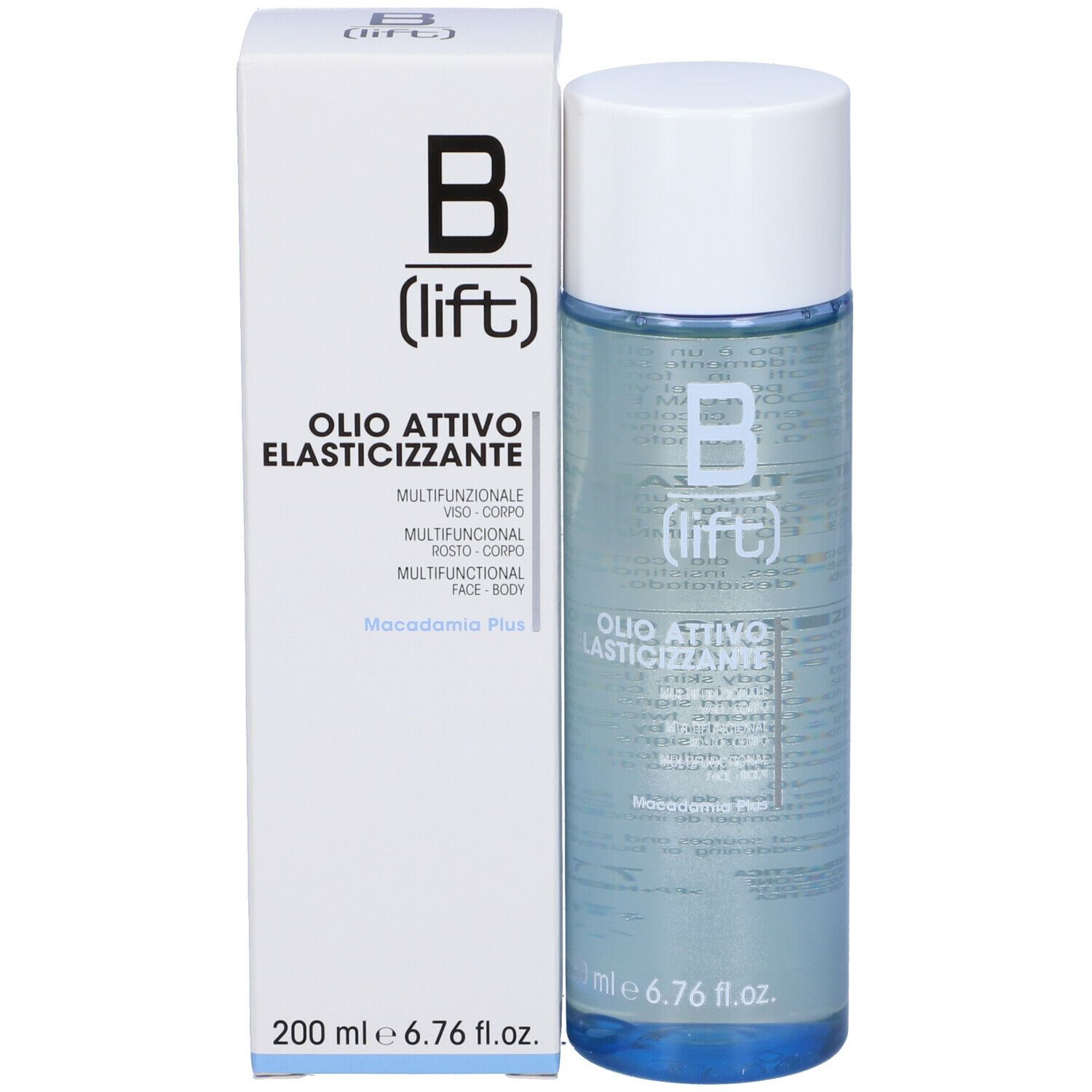 Flacone e confezione. Scritta: B (Lift) Olio Attivo Elasticizzante. 200 ml.