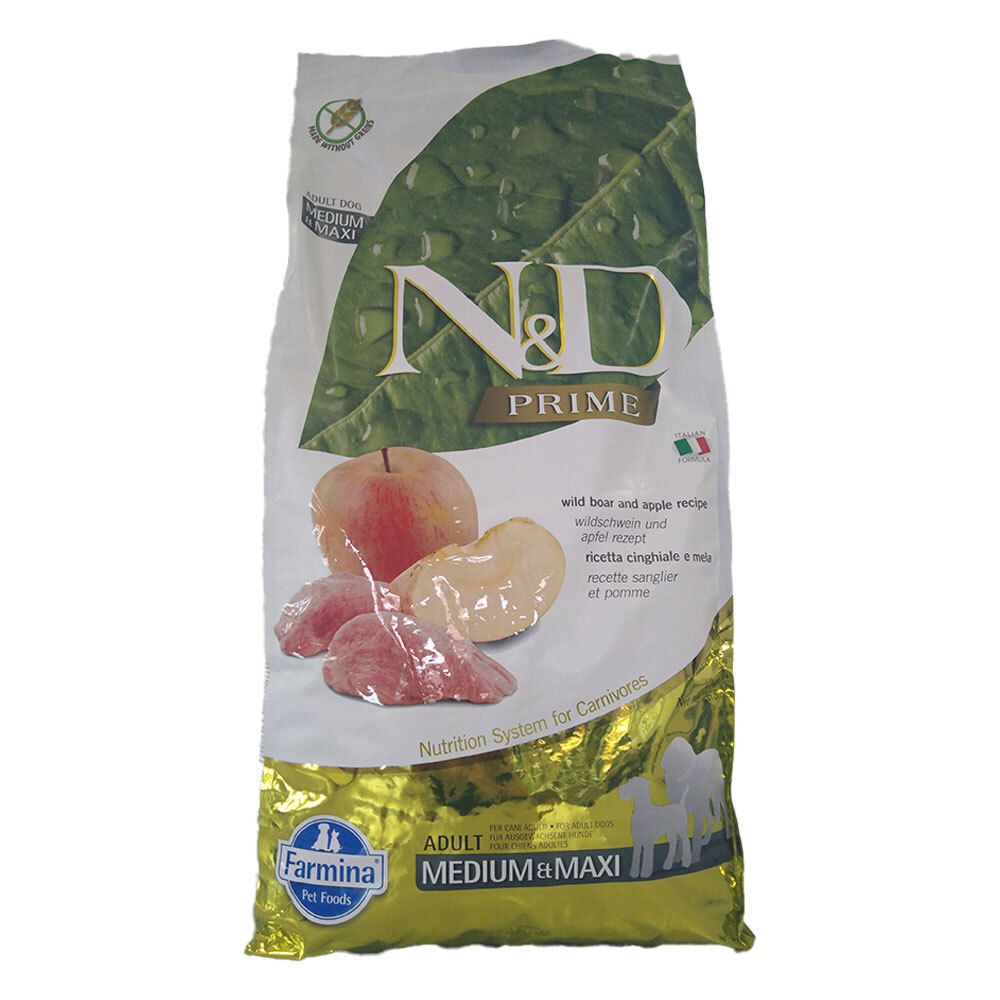 Sacchetto di cibo per animali. Scritta: N&D Prime, cinghiale e mela. Logo Farmina. Testo: Adult Medium & Maxi.