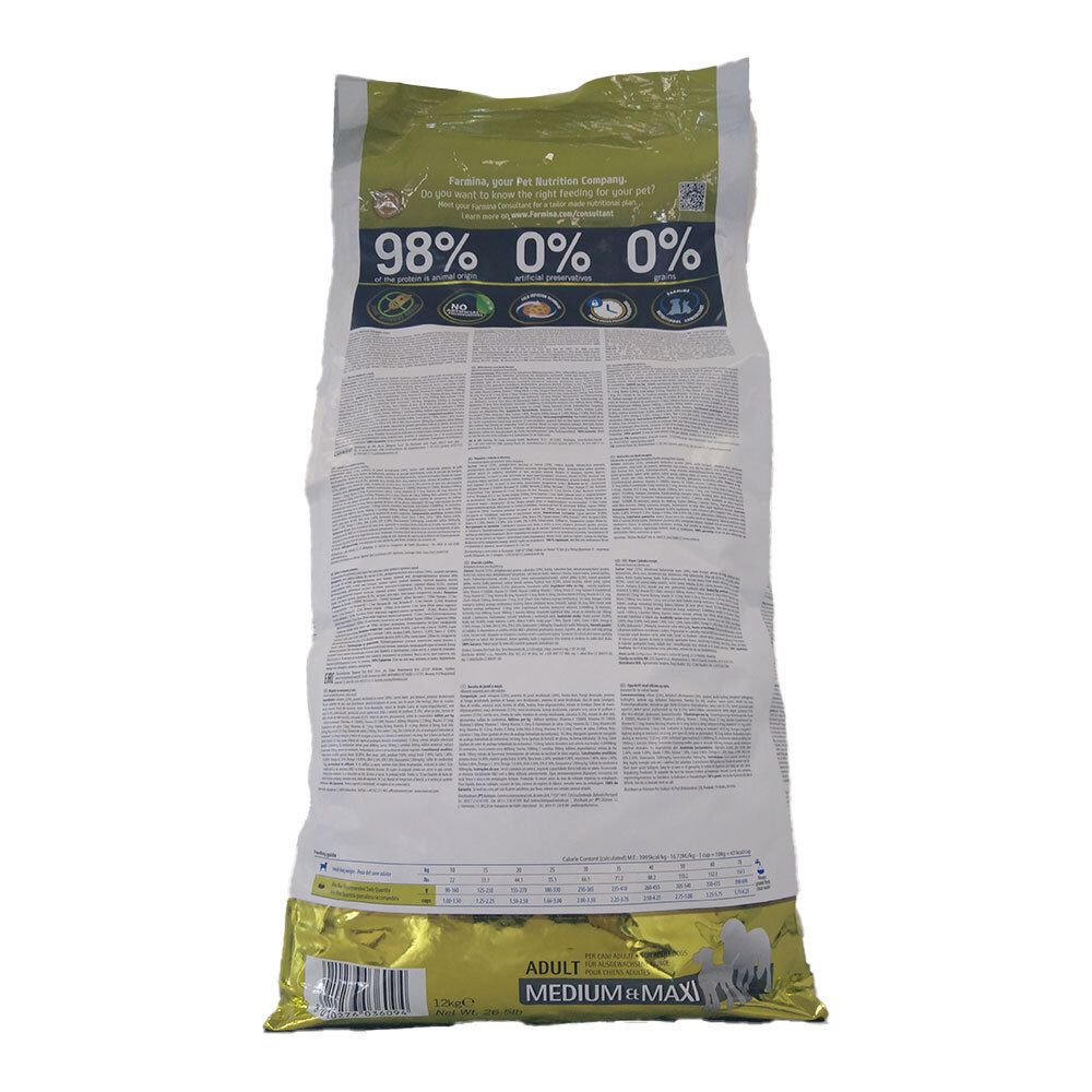 Retro di un sacco di cibo per animali. Testo in più colonne. In alto: 98% carne, 0% cereali, 0% conservanti artificiali.