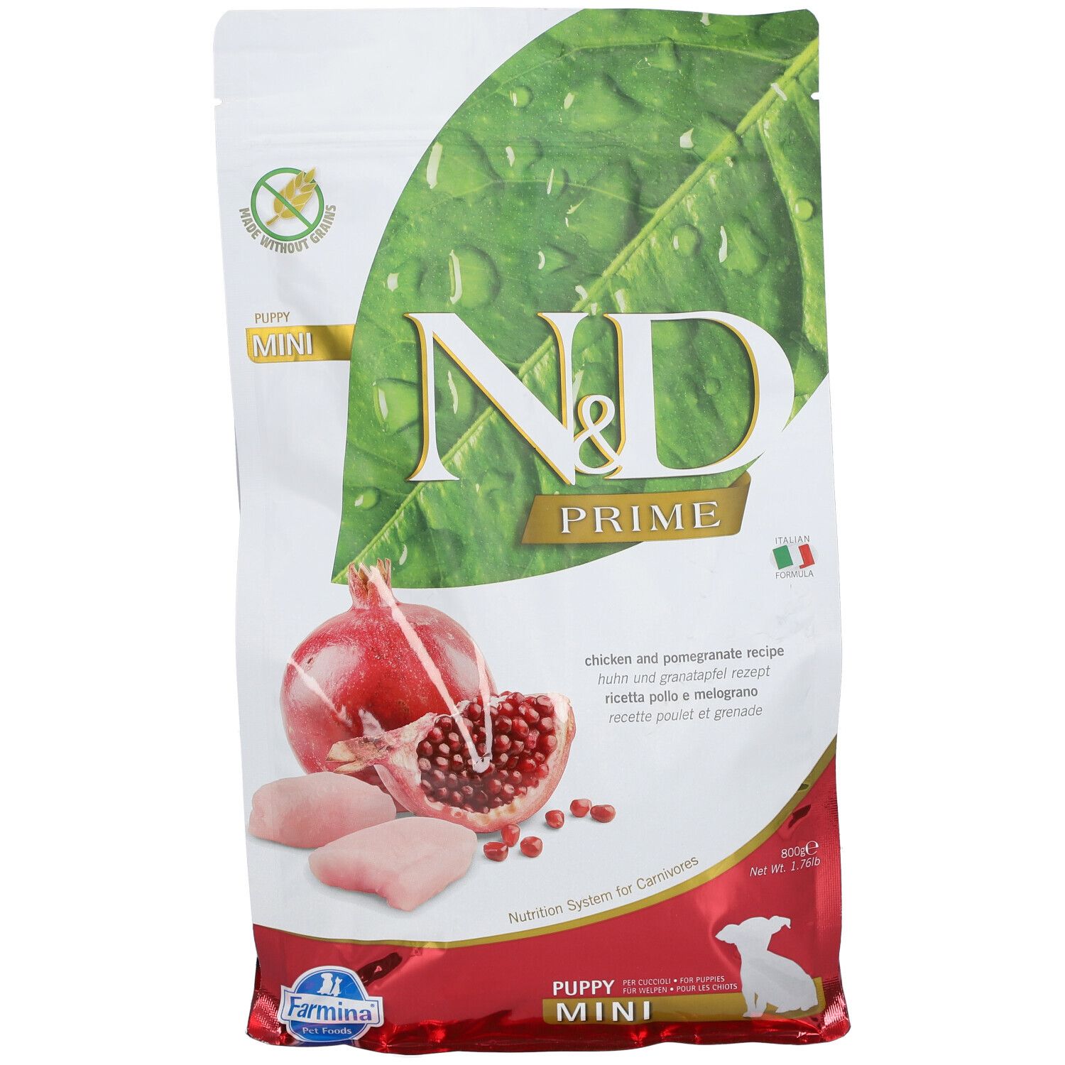 Verpackung N&D Prime Puppy Mini. Abbildung von Granatapfel und Hühnchen. Text: Huhn & Granatapfel Rezept.