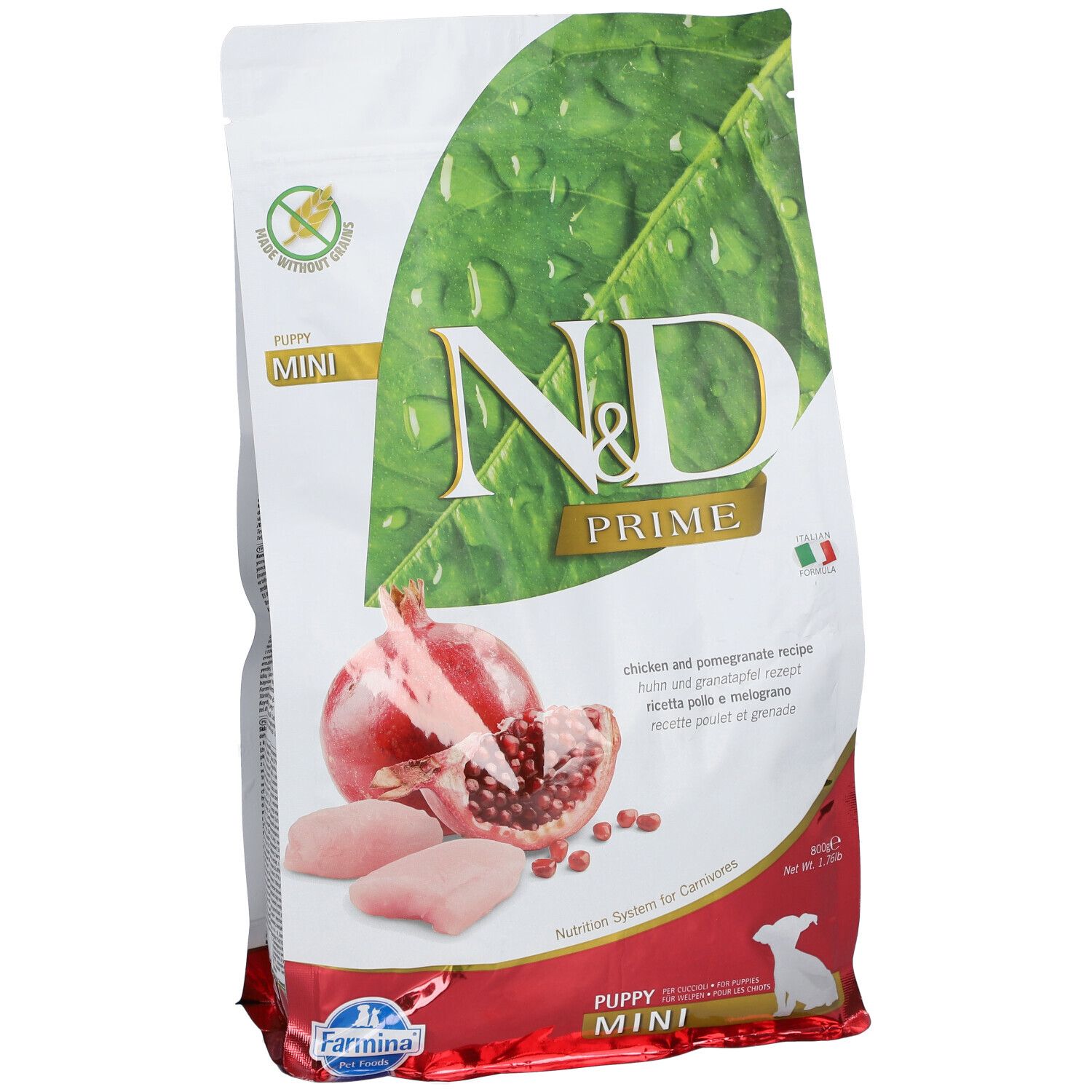 Verpackung N&D Prime Puppy Mini. Abbildung von Granatapfel und Hühnchen. Text: Huhn & Granatapfel Rezept.