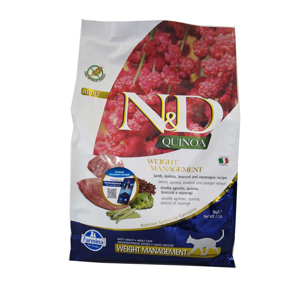 Beutel Trockenfutter. Aufschrift N&D Quinoa, Adult, Weight Management. Abbildung von Quinoa und Zutaten. Farmina Logo.