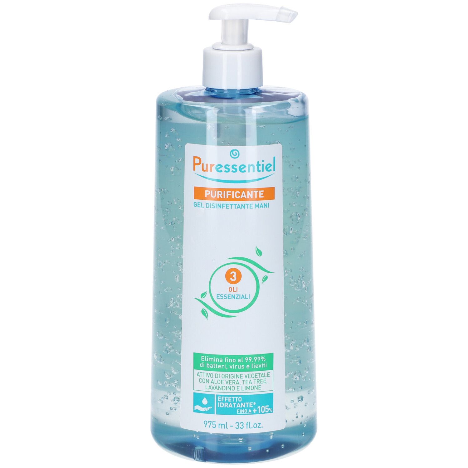 Flacone blu trasparente con dosatore. Scritta: Puressentiel, Purificante Gel Disinfettante Mani. Contiene 3 oli. 975 ml.