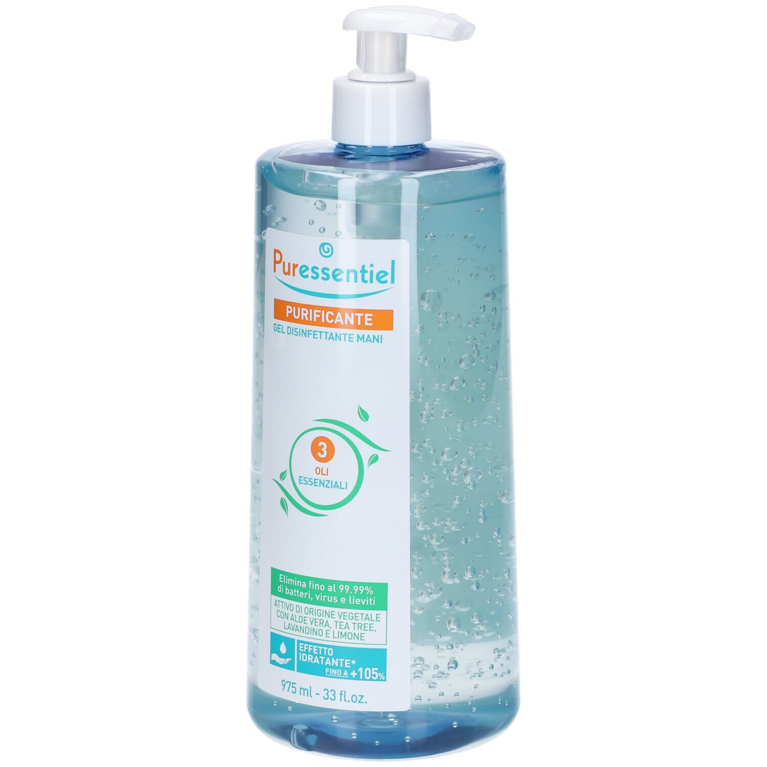 Flacone blu trasparente con dosatore. Scritta: Puressentiel, Purificante Gel Disinfettante Mani. Contiene 3 oli. 975 ml.