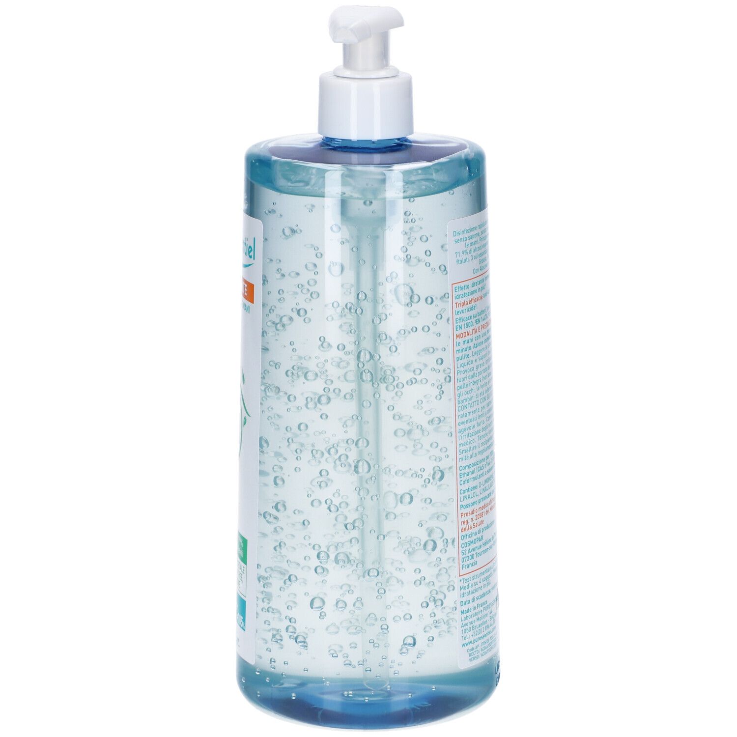 Flacone blu trasparente con dosatore. Etichetta con testo. Liquido con bolle. Testina bianca.