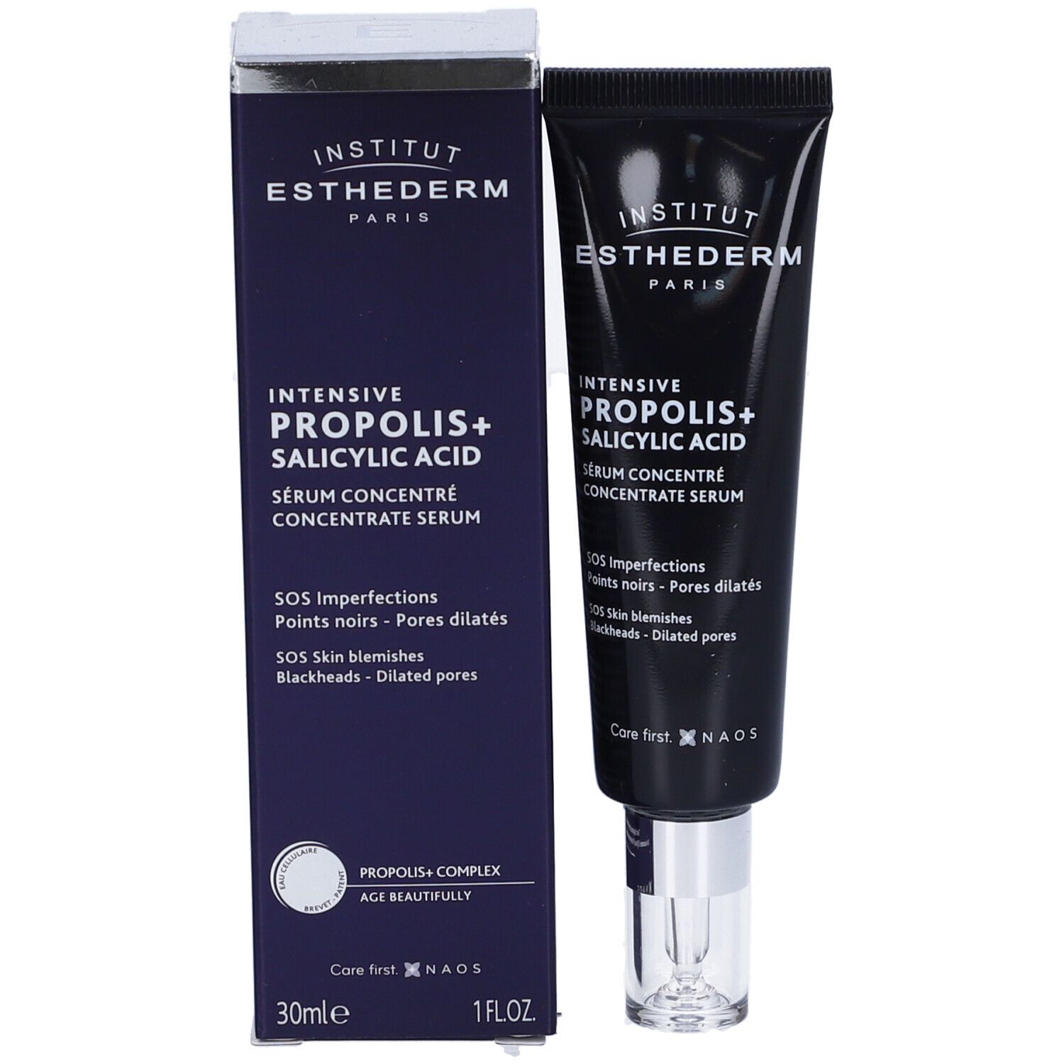 Produktverpackung mit Tube und Schachtel. Aufschrift: Institut Esthederm, Intensive Propolis+ Salicylic Acid. Mit Applikator.