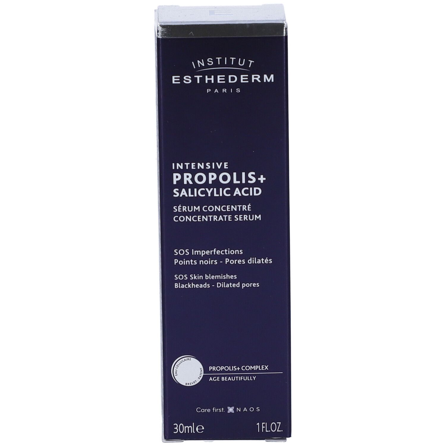 Produktverpackung, Schachtel. Aufschrift: Institut Esthederm, Intensive Propolis+ Salicylic Acid. Mit Applikator.