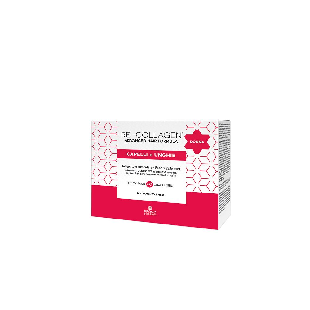Confezione Re-Collagen® Advanced Hair Formula. Scatola rossa e bianca con nome prodotto e Capelli e Unghie.