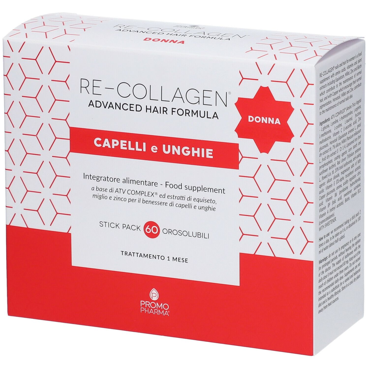 Confezione Re-Collagen® Advanced Hair Formula. Scatola bianca con area rossa, nome prodotto e Capelli e Unghie.