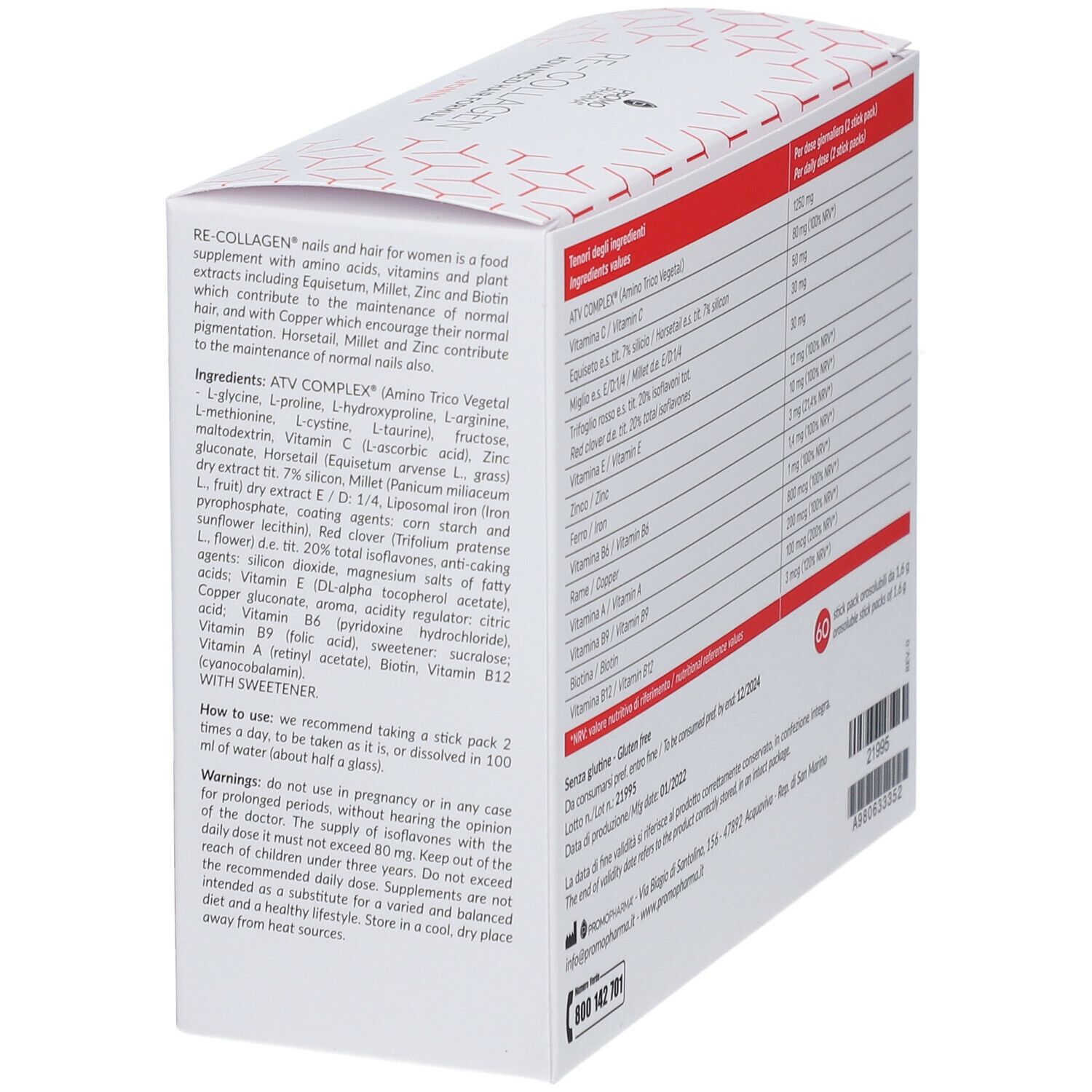 Confezione Re-Collagen® Advanced Hair Formula. Scatola bianca con area rossa, nome prodotto e Capelli e Unghie.
