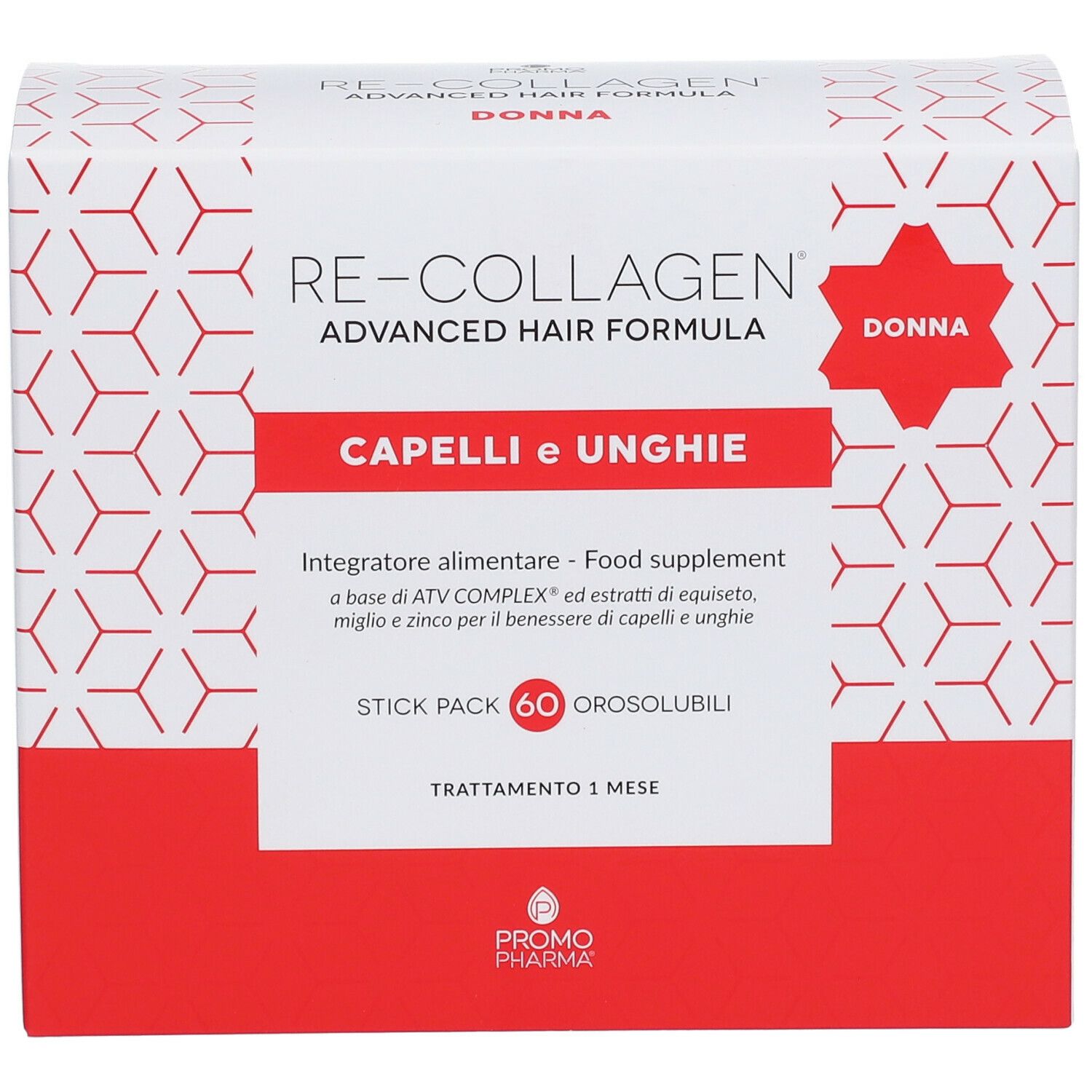 Confezione Re-Collagen® Advanced Hair Formula. Scatola bianca con area rossa, nome prodotto e Capelli e Unghie.