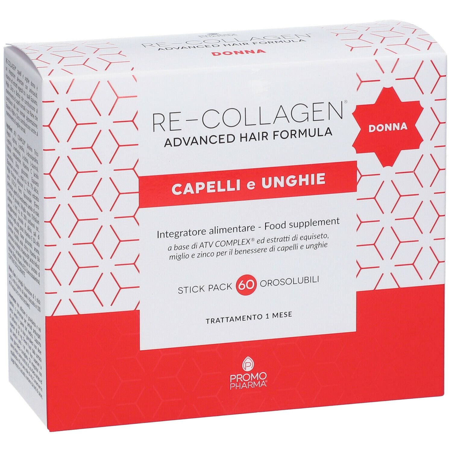 Confezione Re-Collagen® Advanced Hair Formula. Scatola bianca con area rossa, nome prodotto e Capelli e Unghie.