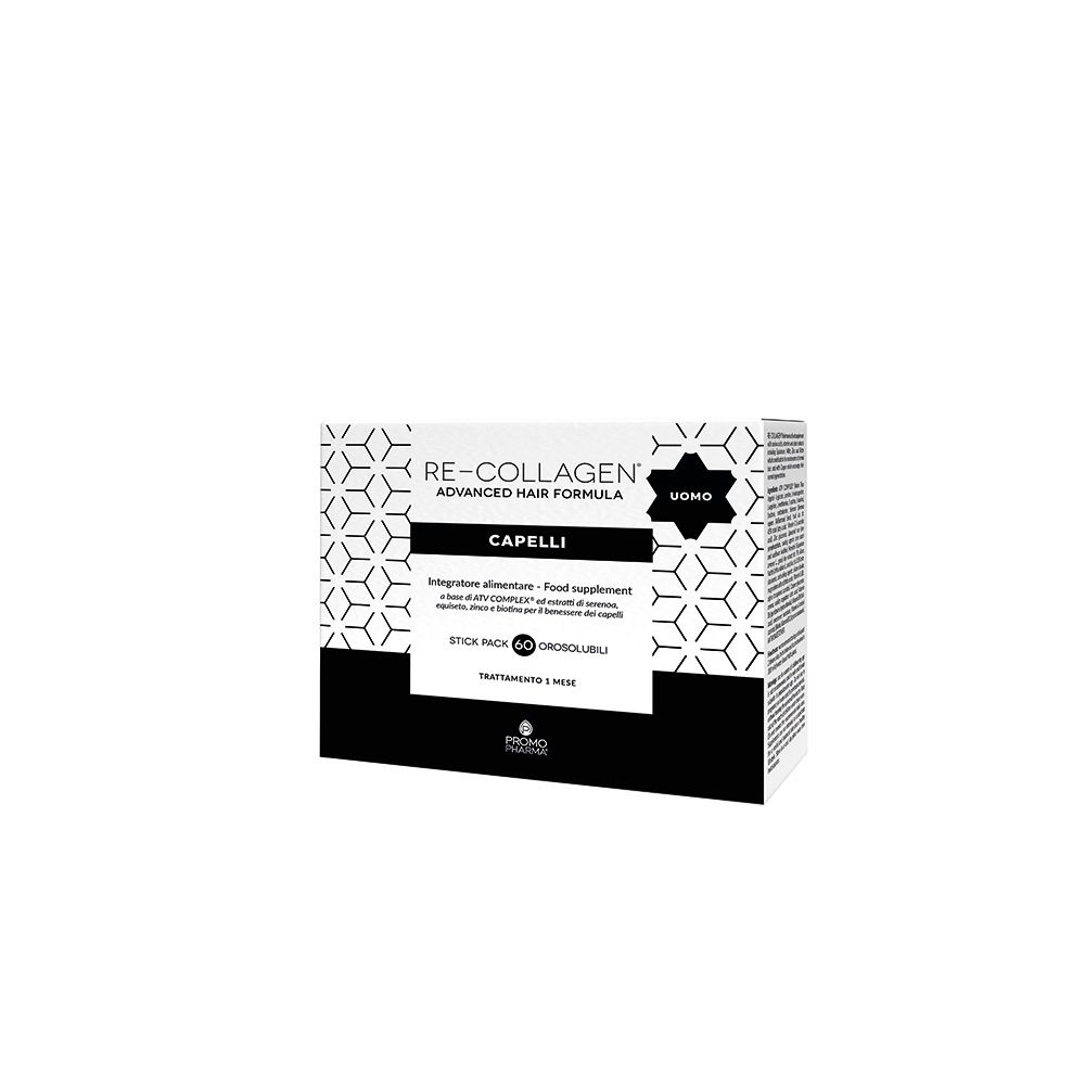 Scatola Re-Collagen® Capelli Uomo. Bianca, dettagli neri e grigi. Forma rettangolare. Logo e nome del prodotto.