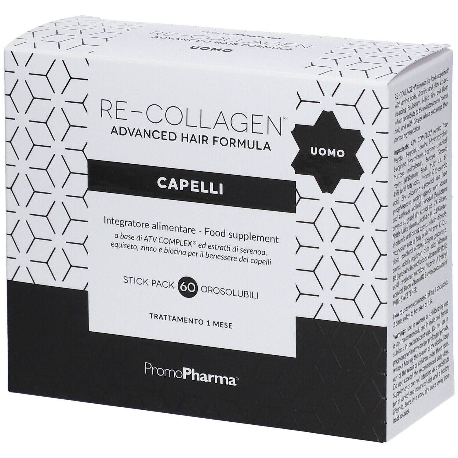 Scatola Re-Collagen® Capelli Uomo. Bianca, dettagli neri e grigi. Contiene 60 stick. Nome e logo del prodotto.