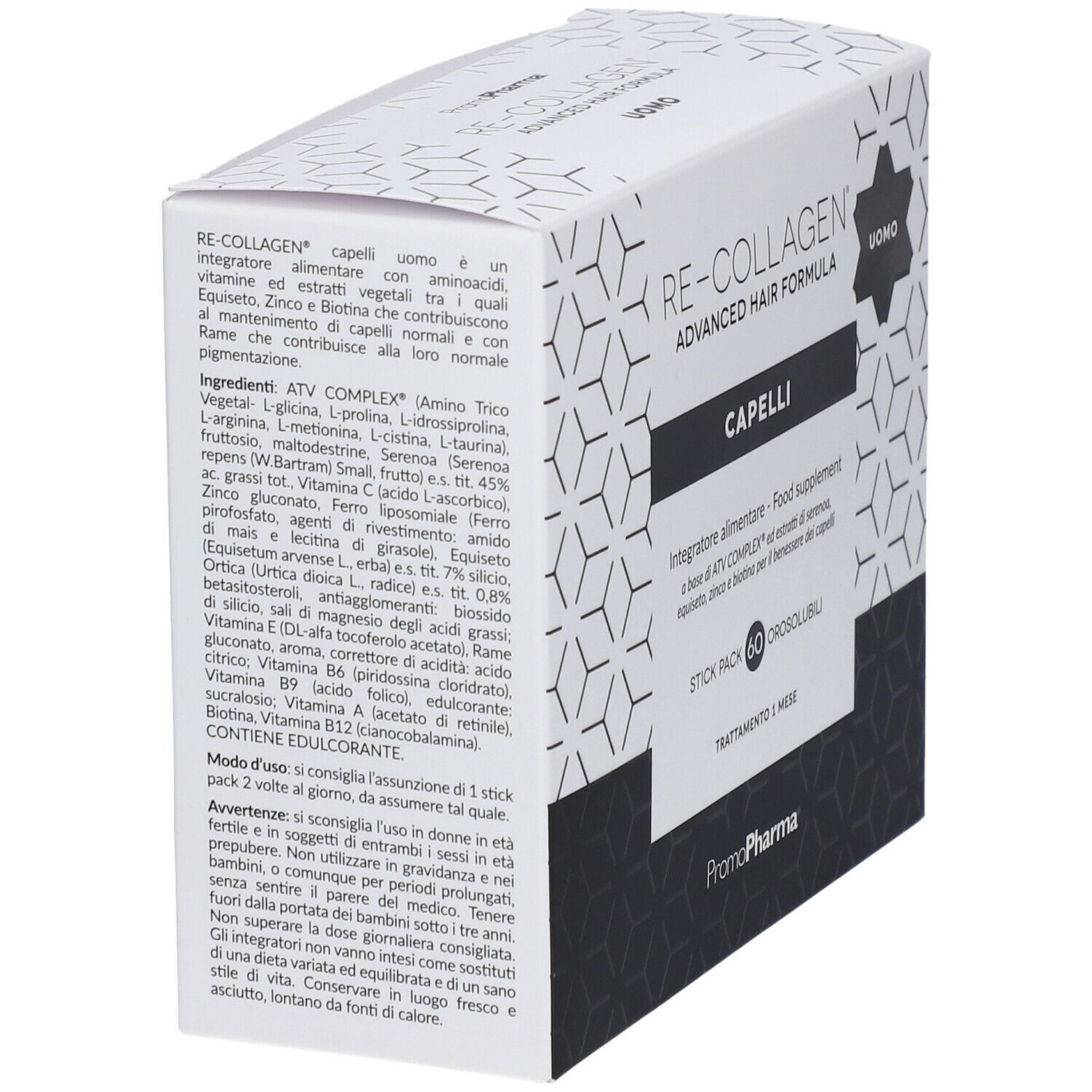 Scatola Re-Collagen® Capelli Uomo. Bianca, informazioni prodotto. Contiene 60 stick. Forma rettangolare.