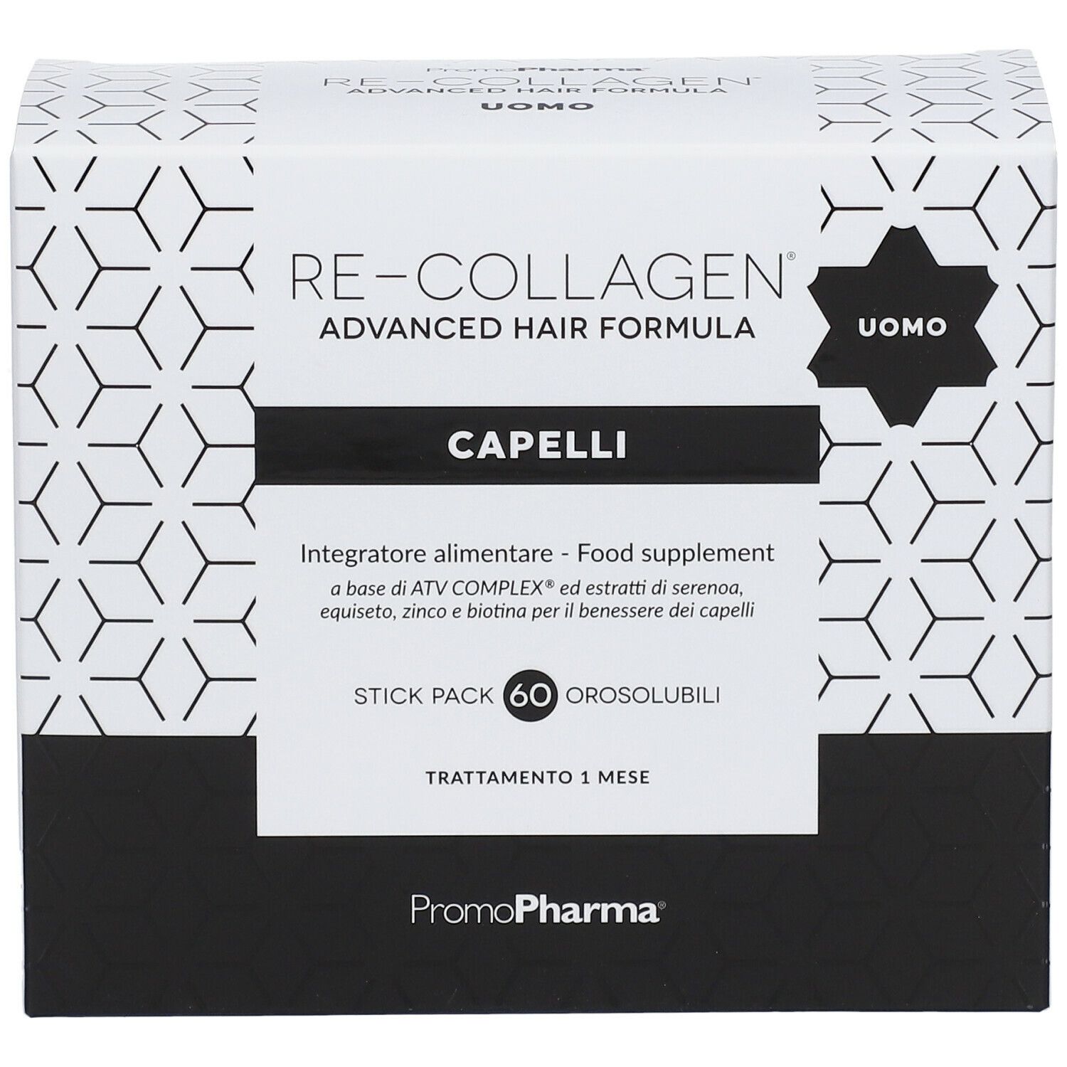 Scatola Re-Collagen® Capelli Uomo. Bianca, informazioni prodotto. Contiene 60 stick. Forma rettangolare.