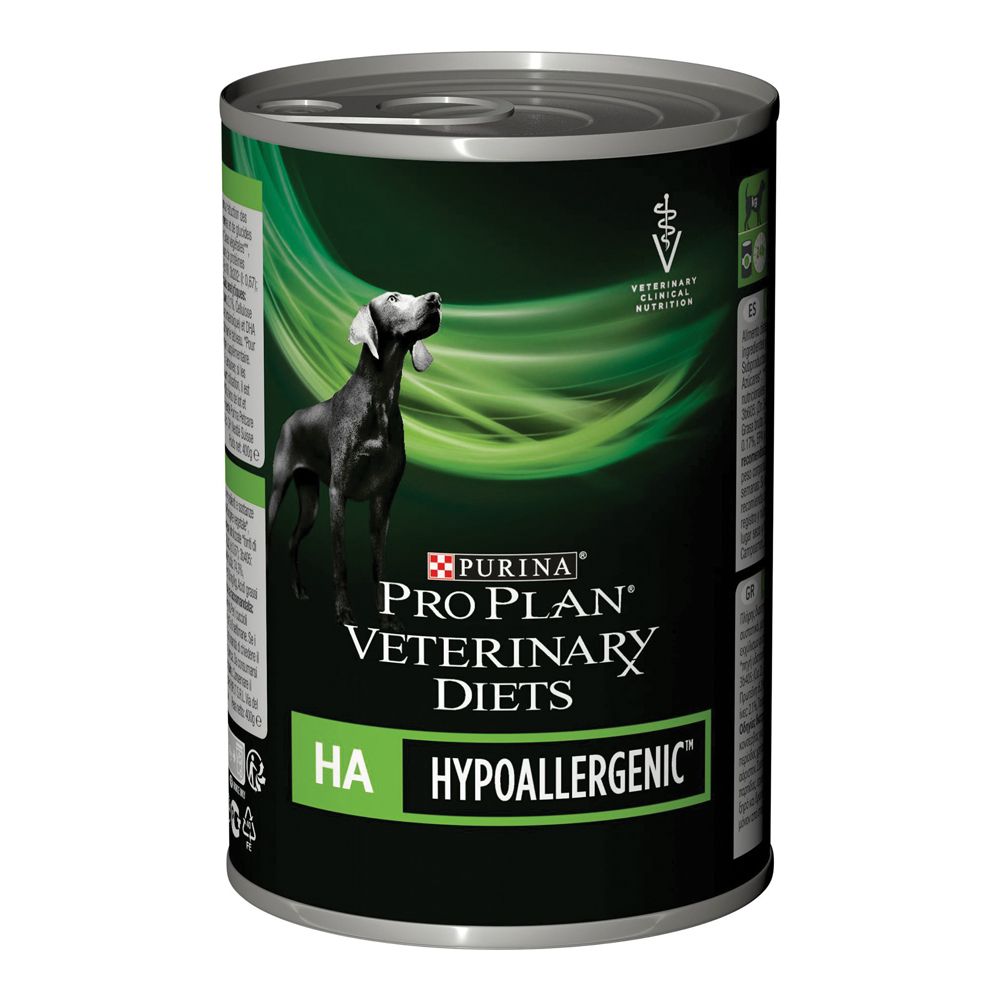 Lattina di cibo per cani. Marchio: Purina Pro Plan Veterinary Diets. Scritta: HA Ipoallergenico. Immagine di un cane.