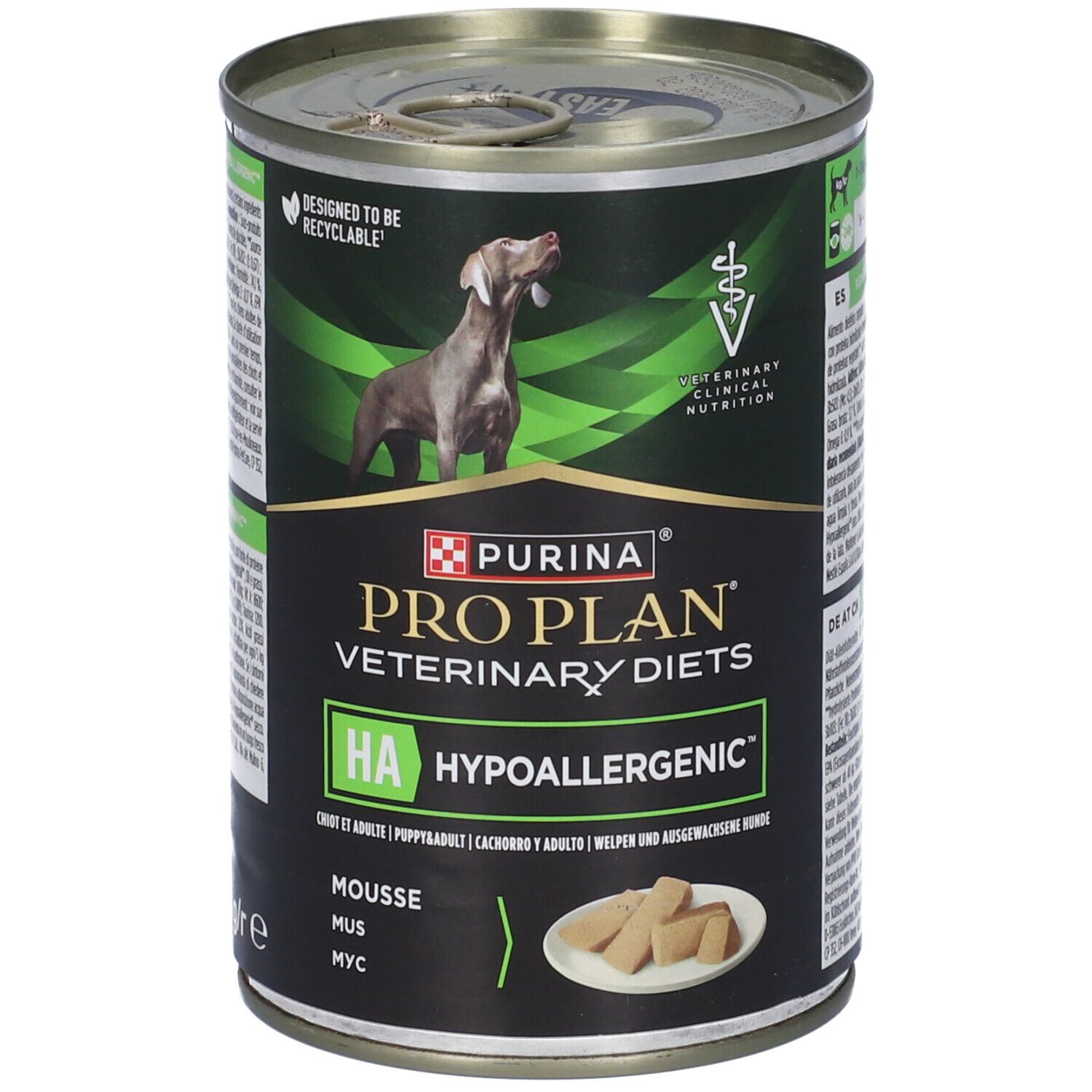 Lattina di cibo per cani. Marchio: Purina Pro Plan Veterinary Diets. Scritta: HA Ipoallergenico. Immagine di un cane. Mousse.