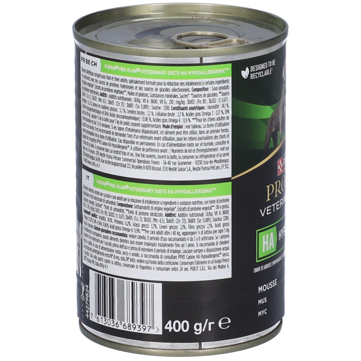 Lattina di cibo per cani. Retro con testo. Marchio: Purina Pro Plan Veterinary Diets. Scritta: HA Ipoallergenico. 400 g/e.