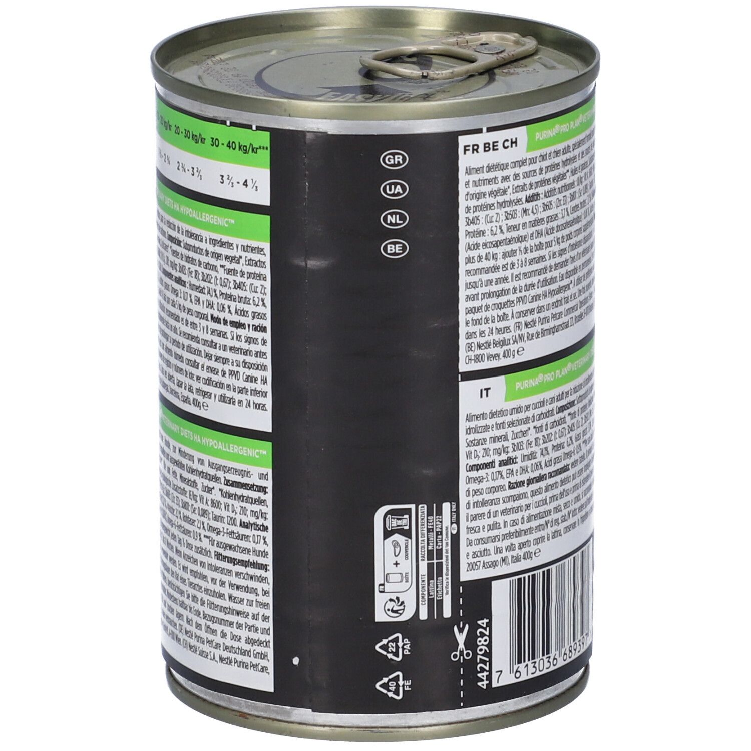 Lattina di cibo per cani. Retro con testo. Marchio: Purina Pro Plan Veterinary Diets. Scritta: HA Ipoallergenico. 400 g/e.
