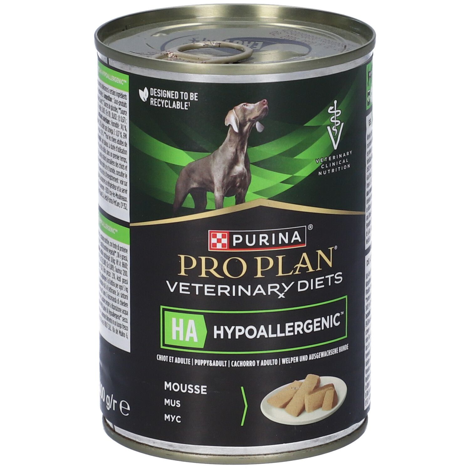 Lattina di cibo per cani. Marchio: Purina Pro Plan Veterinary Diets. Scritta: HA Ipoallergenico. Immagine di un cane. Mousse.