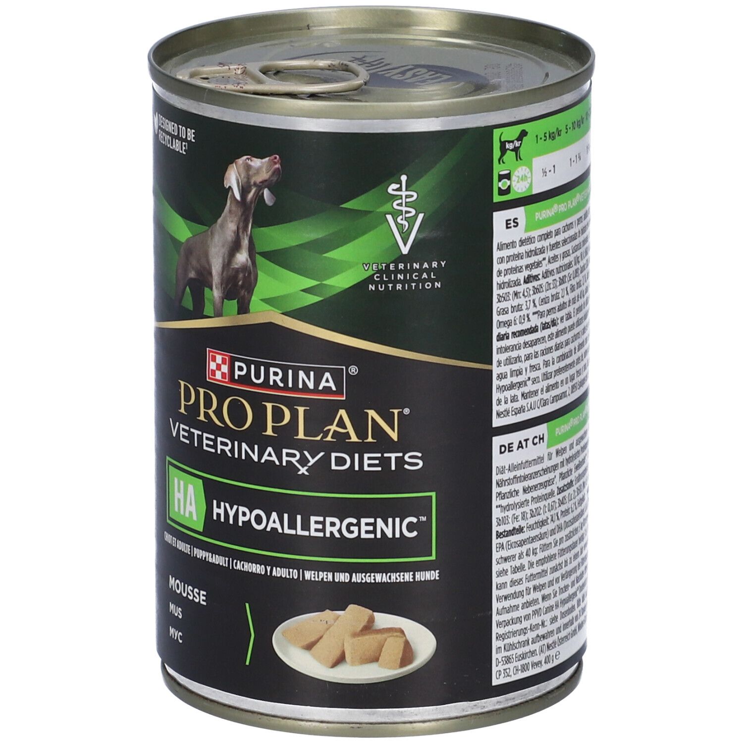 Lattina di cibo per cani. Marchio: Purina Pro Plan Veterinary Diets. Scritta: HA Ipoallergenico. Immagine di un cane. Mousse.