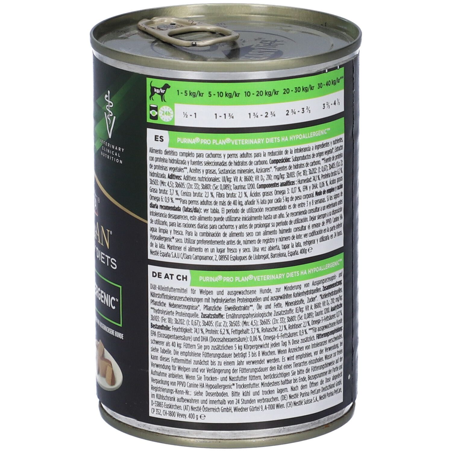 Lattina di cibo per cani. Retro con testo. Marchio: Purina Pro Plan Veterinary Diets. Scritta: HA Ipoallergenico. 400 g/e.