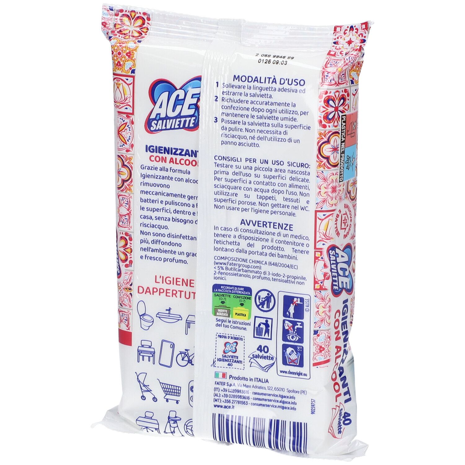 Retro della confezione ACE Salviette Igienizzanti con Alcool. 40 salviette. Istruzioni per l'uso e avvertenze.