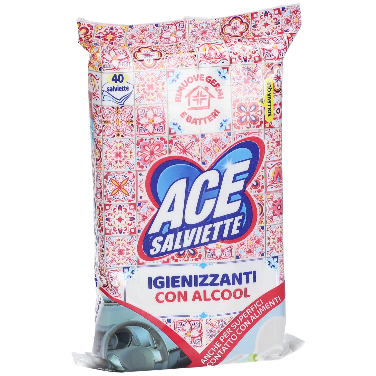 Confezione di ACE Salviette Igienizzanti con Alcool. 40 salviette. Motivo rosso e bianco. Rimuove germi e batteri.