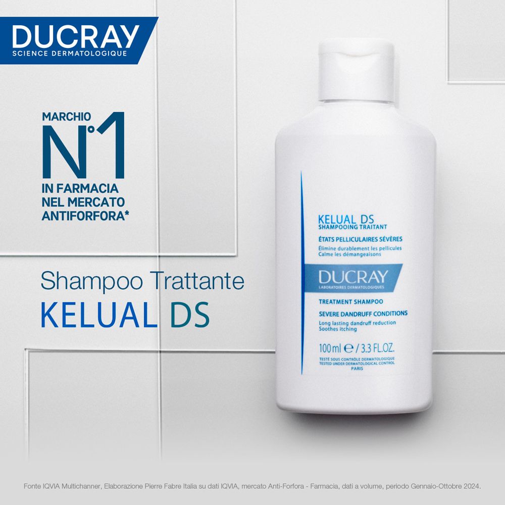 Produktflasche auf weißem Hintergrund. Text: KELUAL DS, Shampooing Traitant, 100 ml. Marke: DUCRAY.