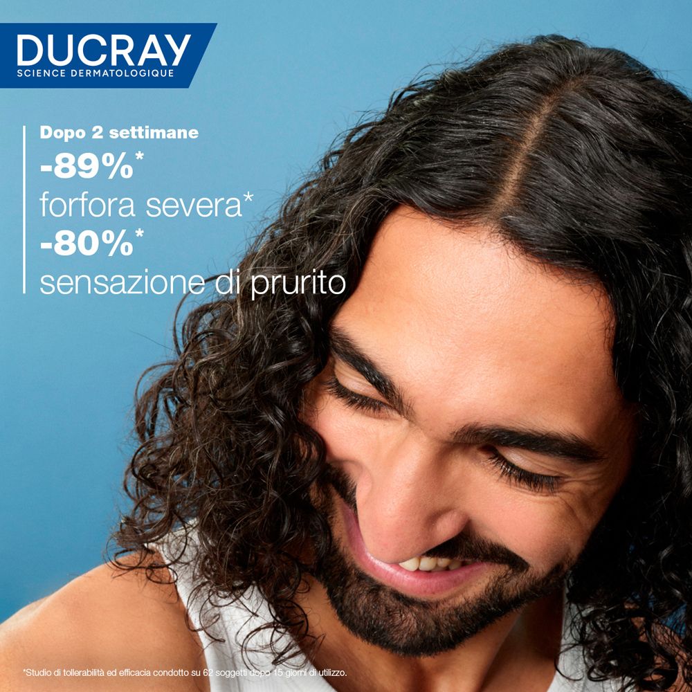 Mann mit Haaren. Text: -89% Schuppen, -80% Juckreiz. Produkt: KELUAL DS.