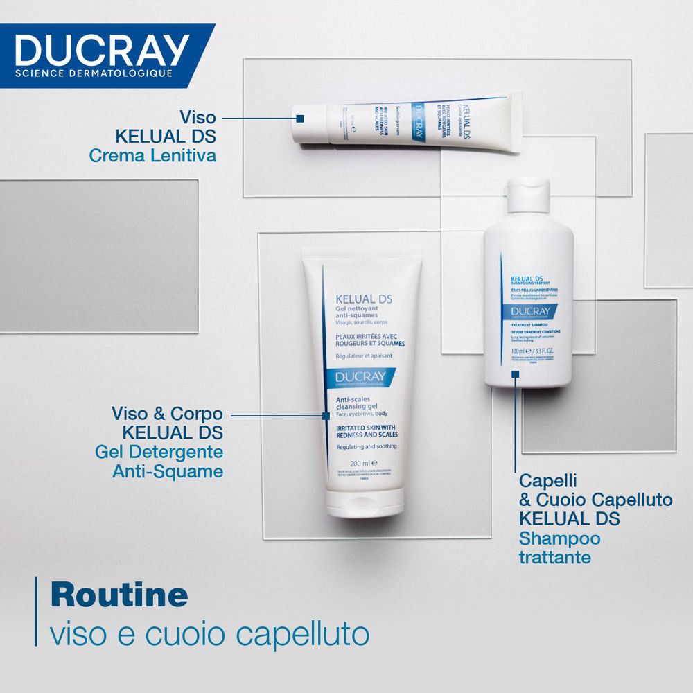 Produkt-Routine. Produkte: KELUAL DS Gel, Creme, Shampoo. Marke: DUCRAY.